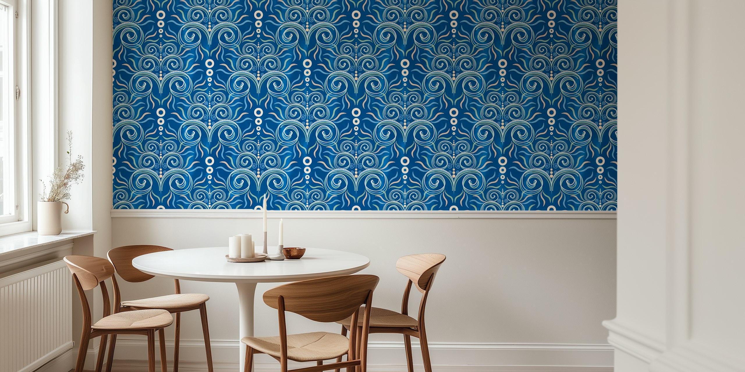 Botanical floral pattern in shades of blue and white wallpaper