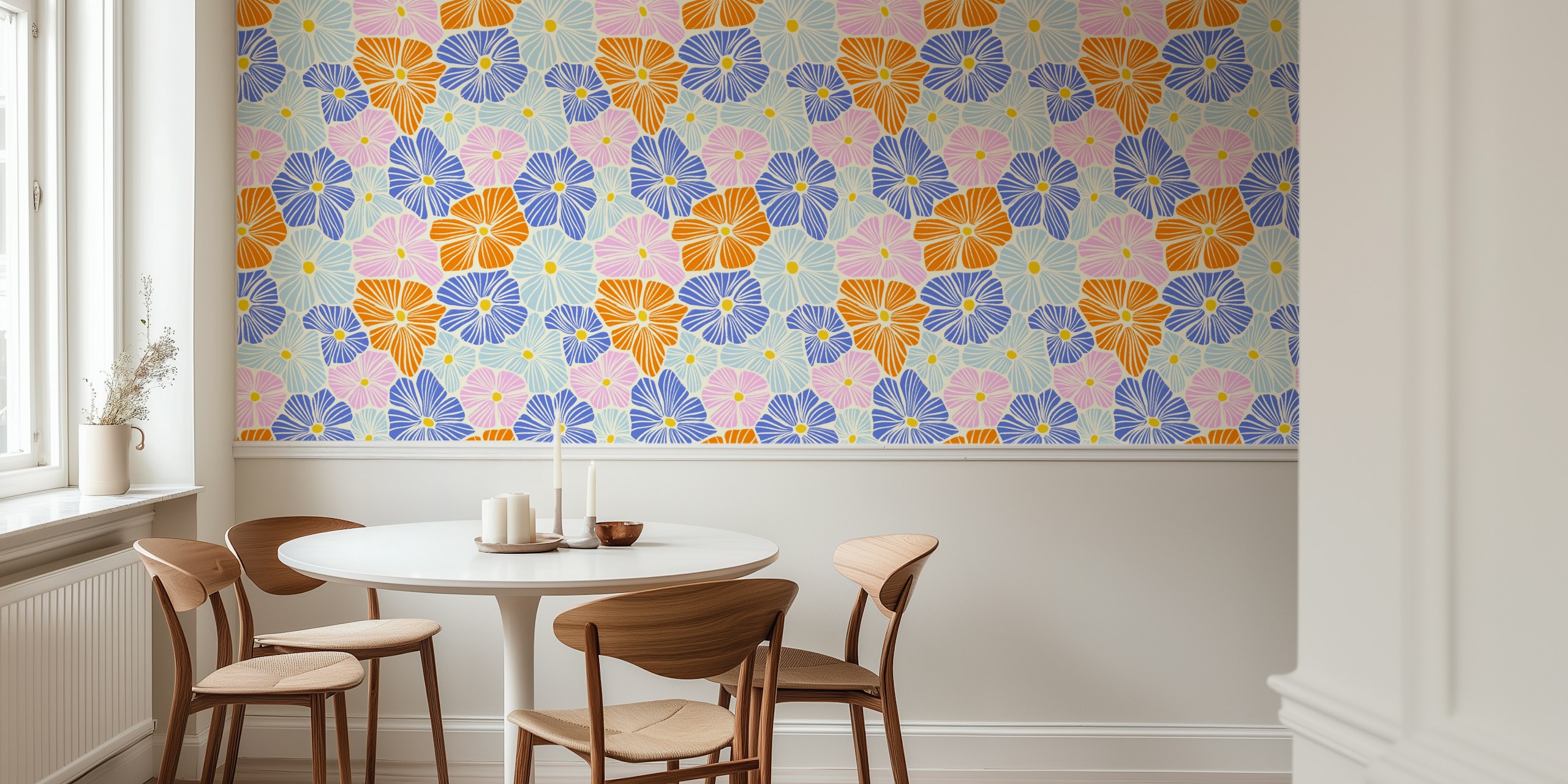 Pastel floral pattern in blue, pink, and orange on a light background wallpaper