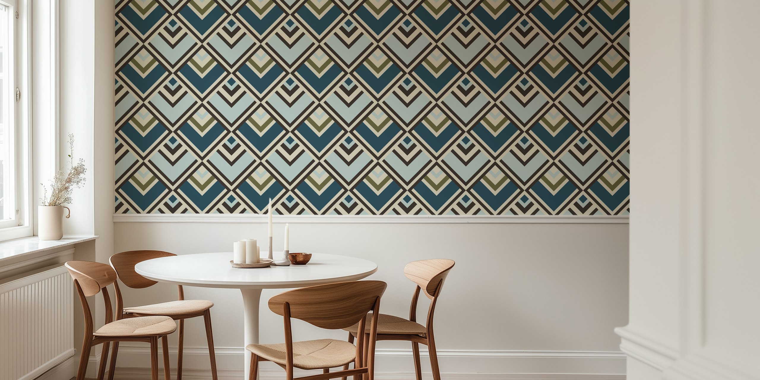 Retro Diamond Pattern Mural in Teal with Tan and Deep Blue Accents