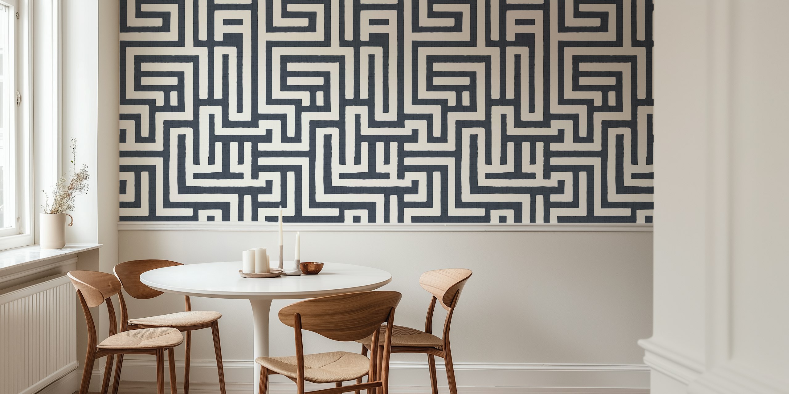 Maze patterned wallpaper in a room
