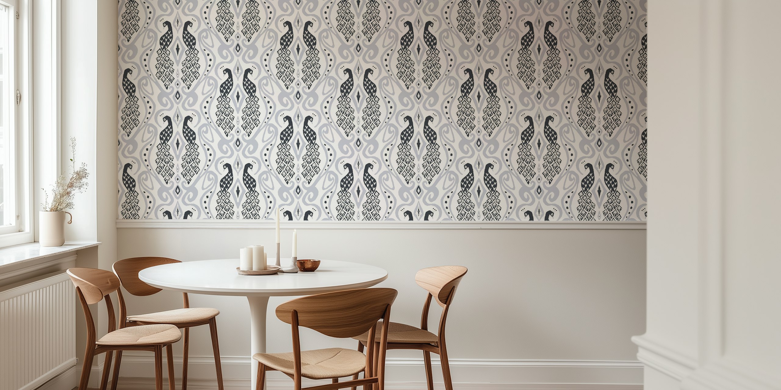 Ikat style peacock wallpaper in grey