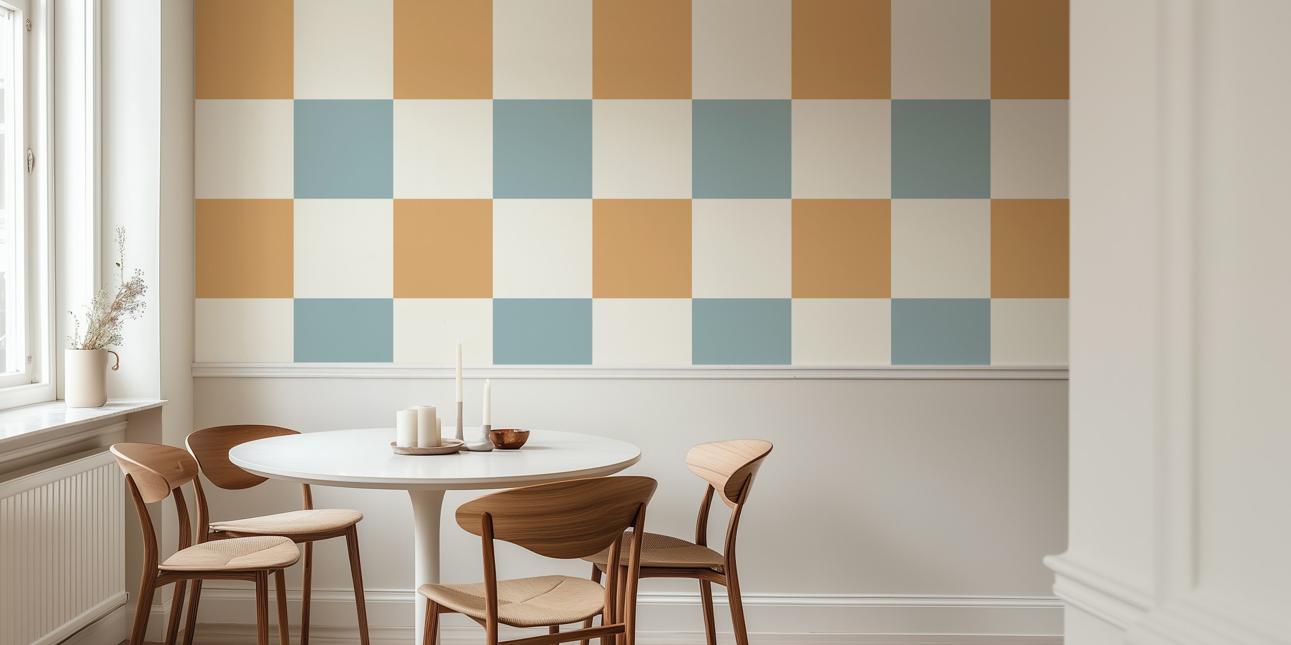 Boho Checkers Toasted Powder Blue vægmaleri med moderne skakternet mønster i beige og pudderblå toner
