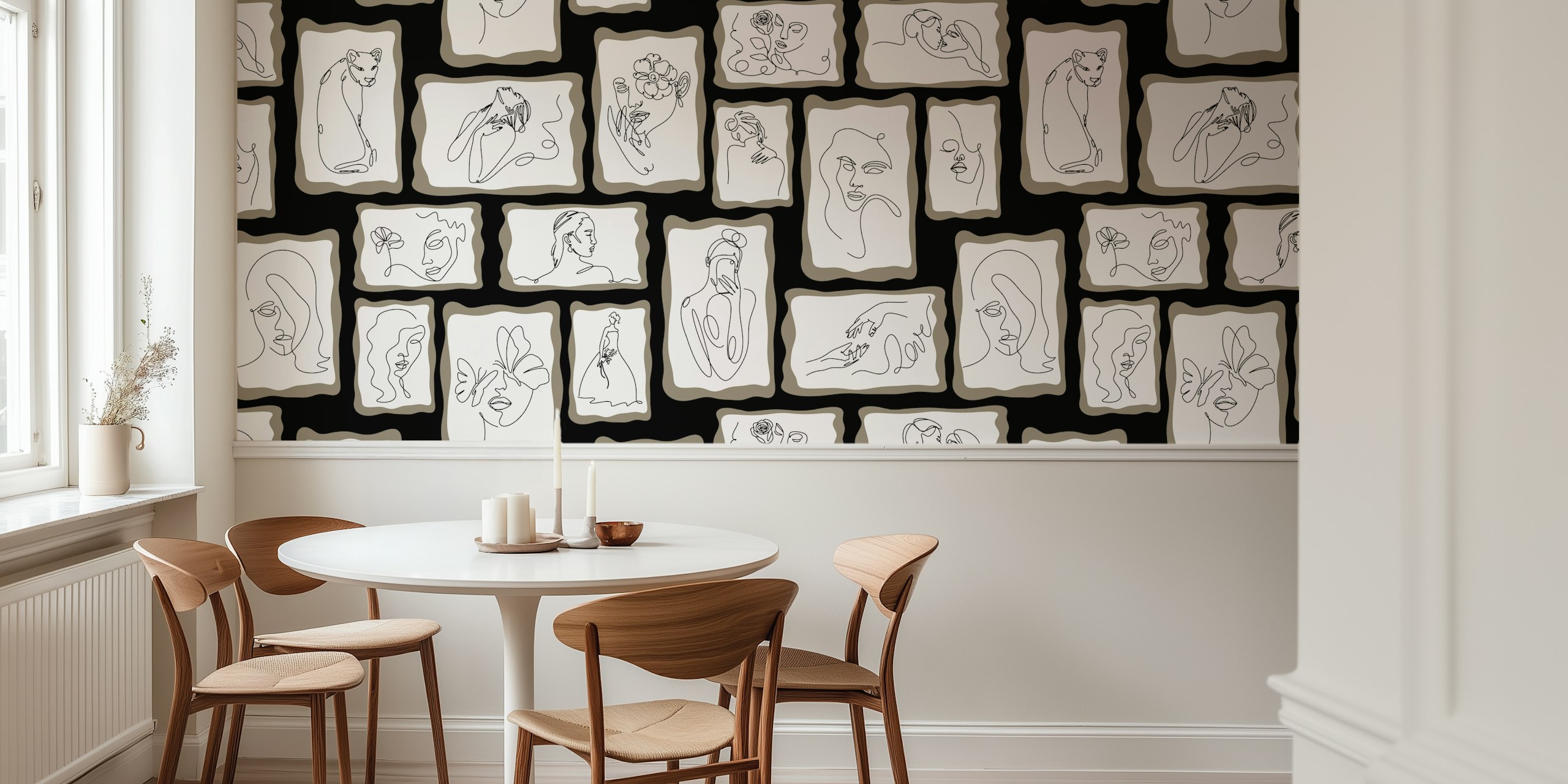 Line Art Gallery 1 black papel de parede em uma sala