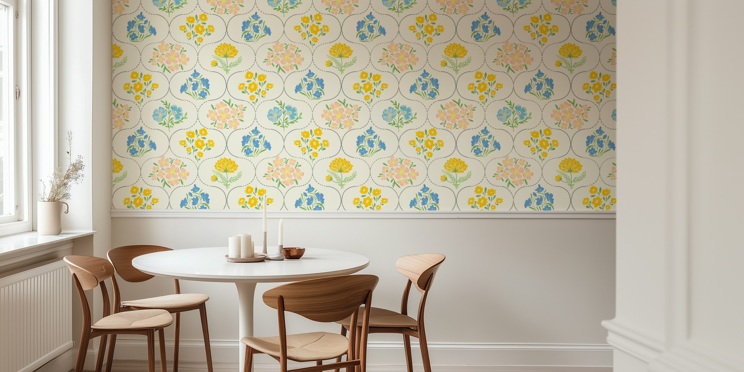 Floral pattern in cream, blue, yellow and pink wallpaper