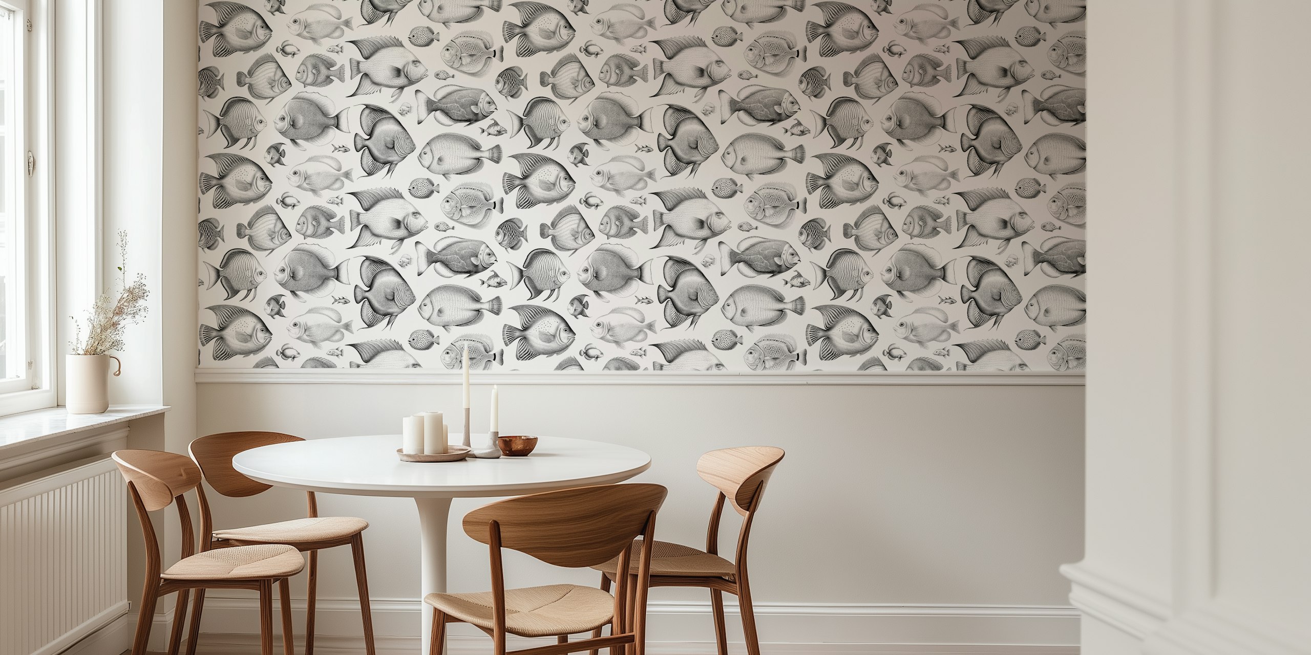 Black and white fish illustrations patterned wallpaper