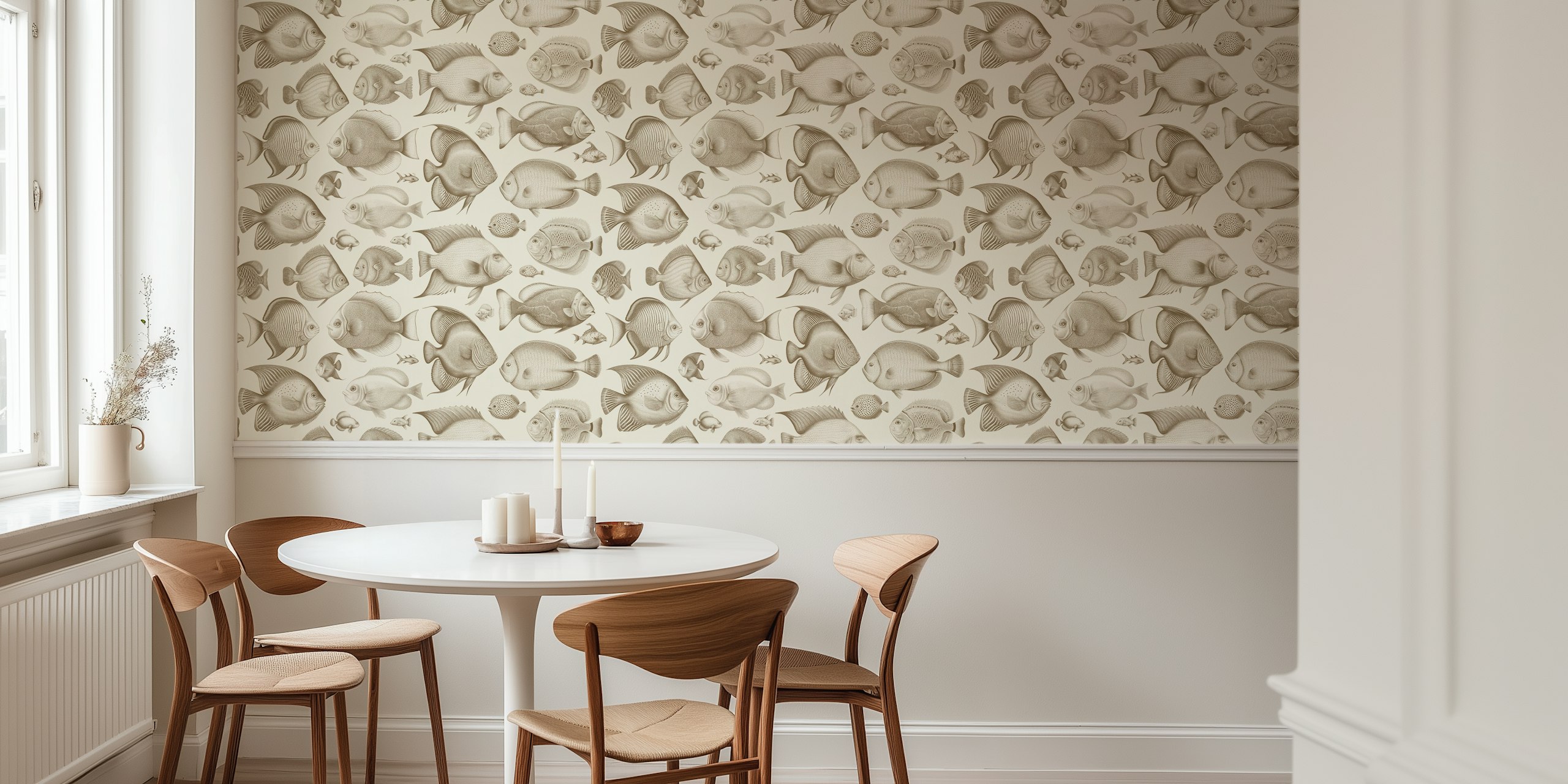 Vintage fish patterns in light browns and creams wallpaper