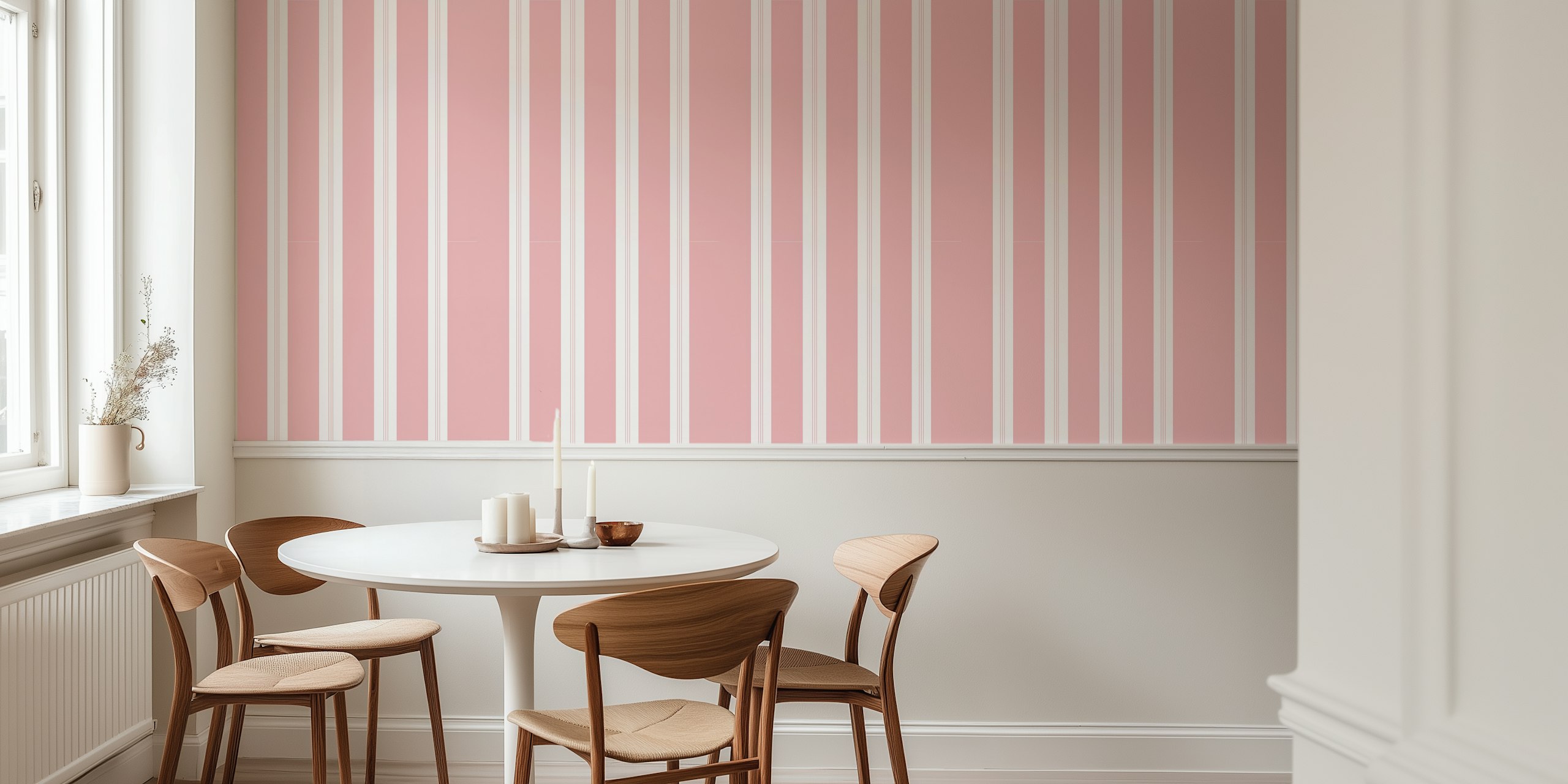 Blush white stripes wallpaper in a room