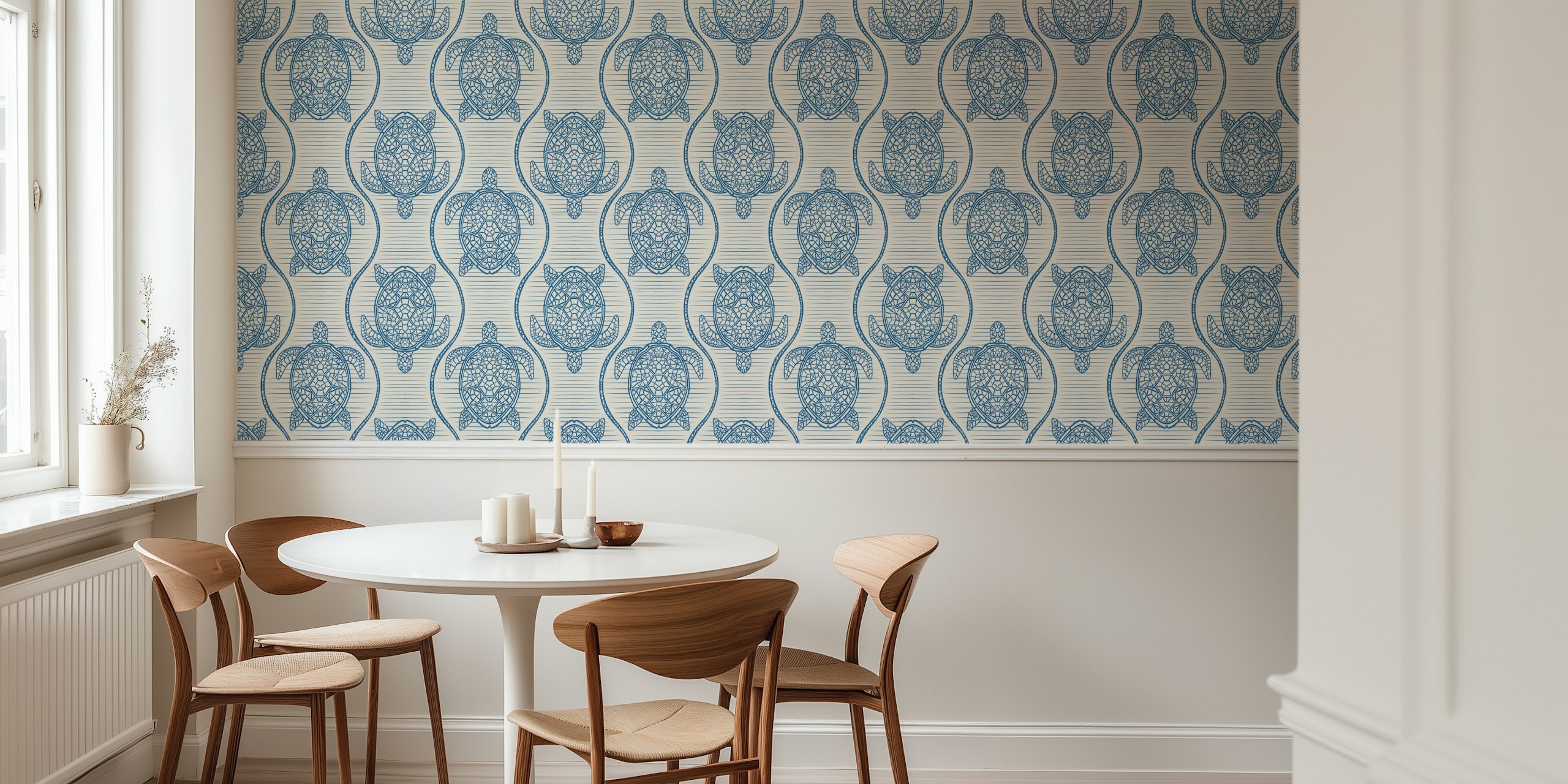 papel de parede Blue Turtles Ogee Coastal Boho no quarto