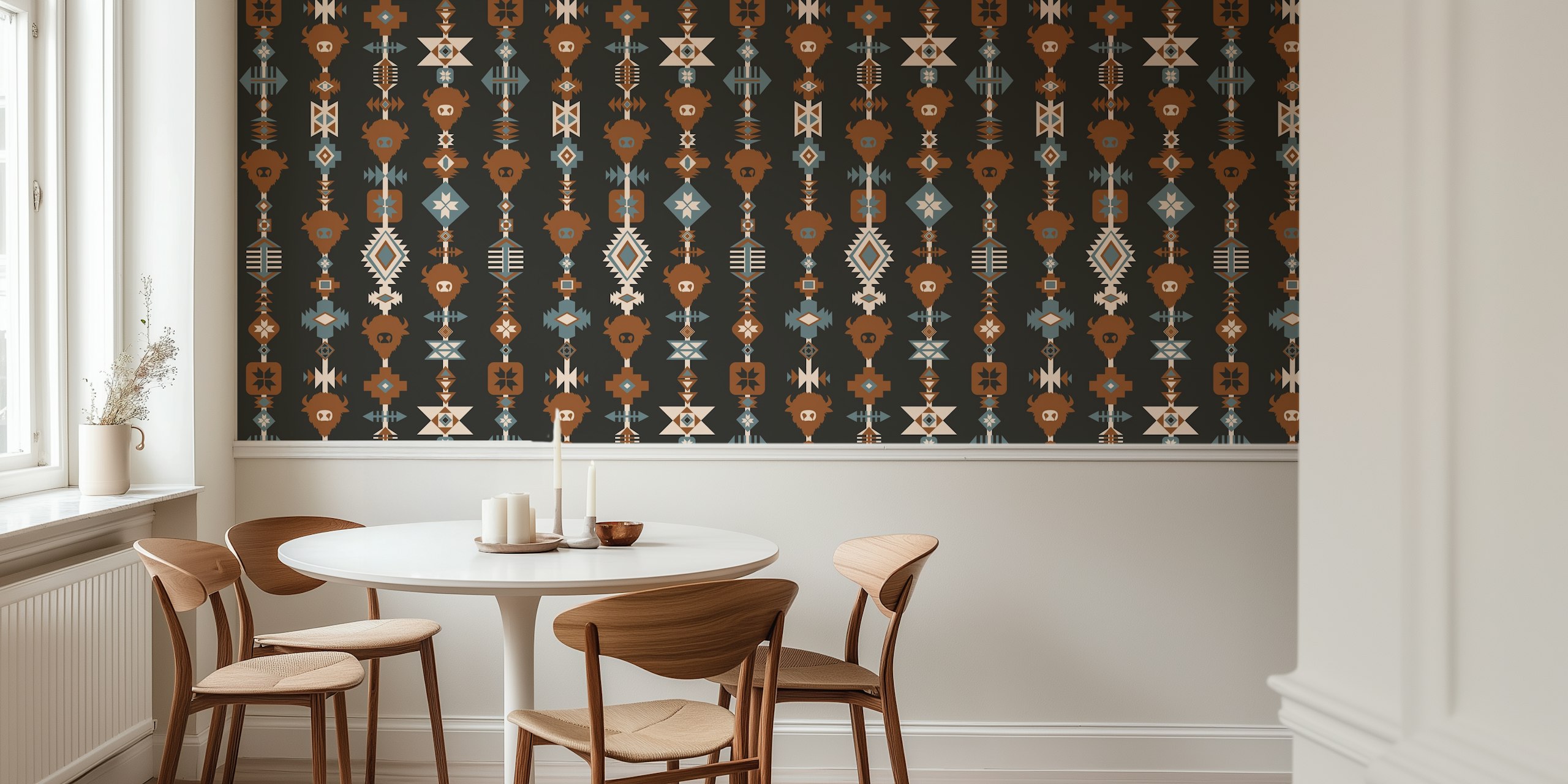 Buffalo and Aztec Lines wallpaper in a room