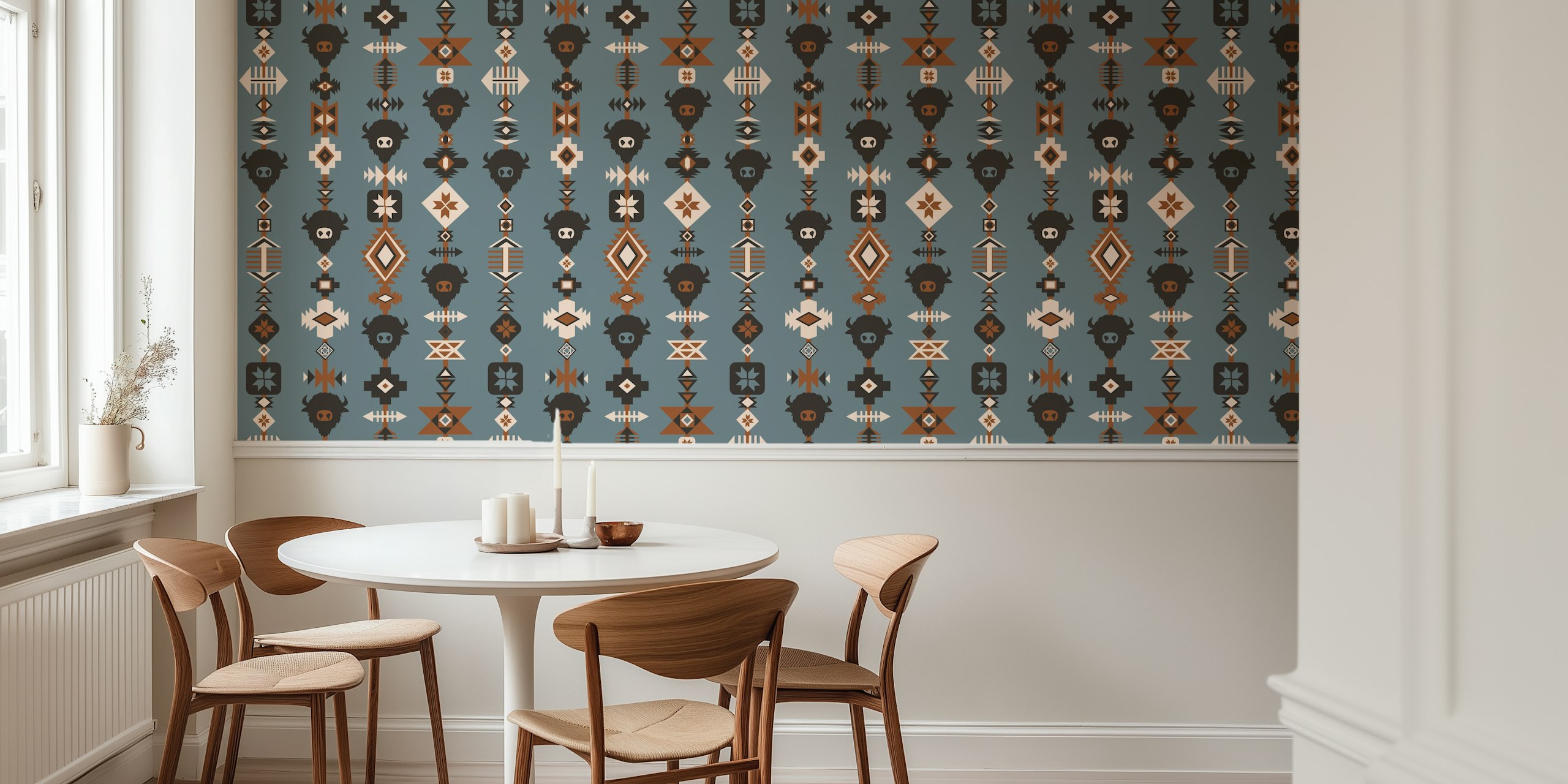 Buffalo Aztec Lines design in slate blue and brown wallpaper