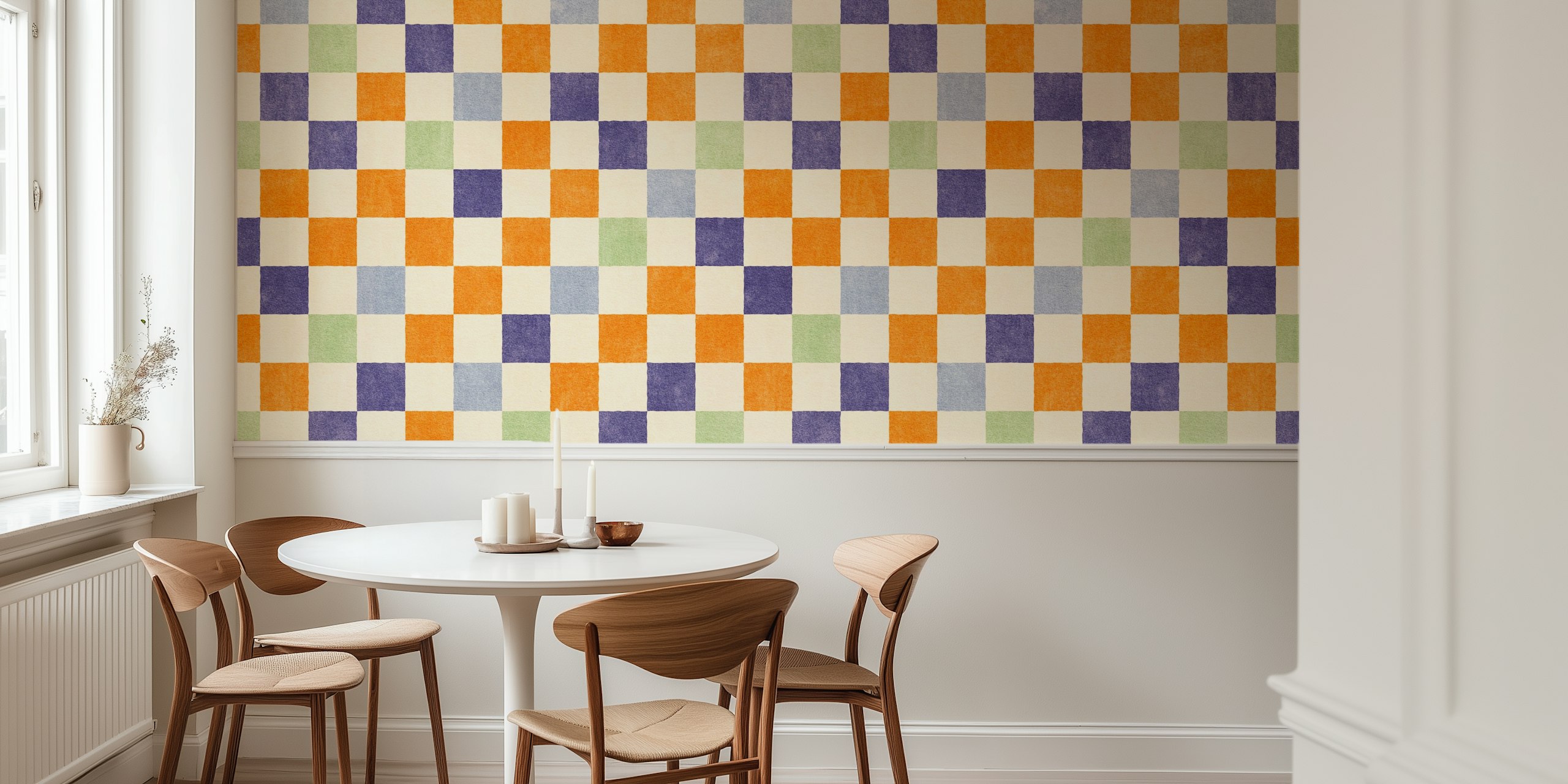 Colorful checkerboard pattern wallpaper in orange, blue, green, and cream colors