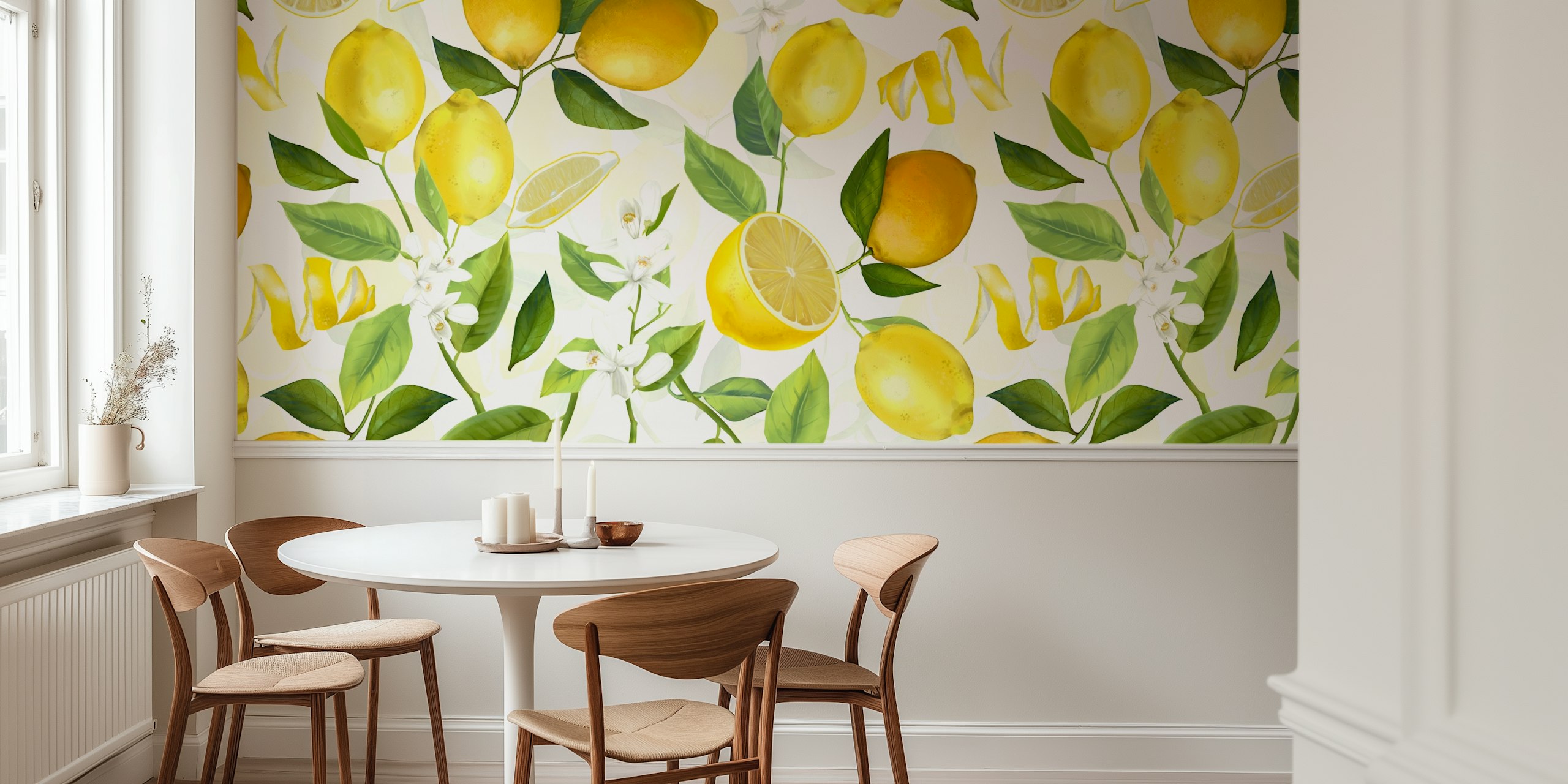 Lemon and leaf pattern in green and yellow wallpaper
