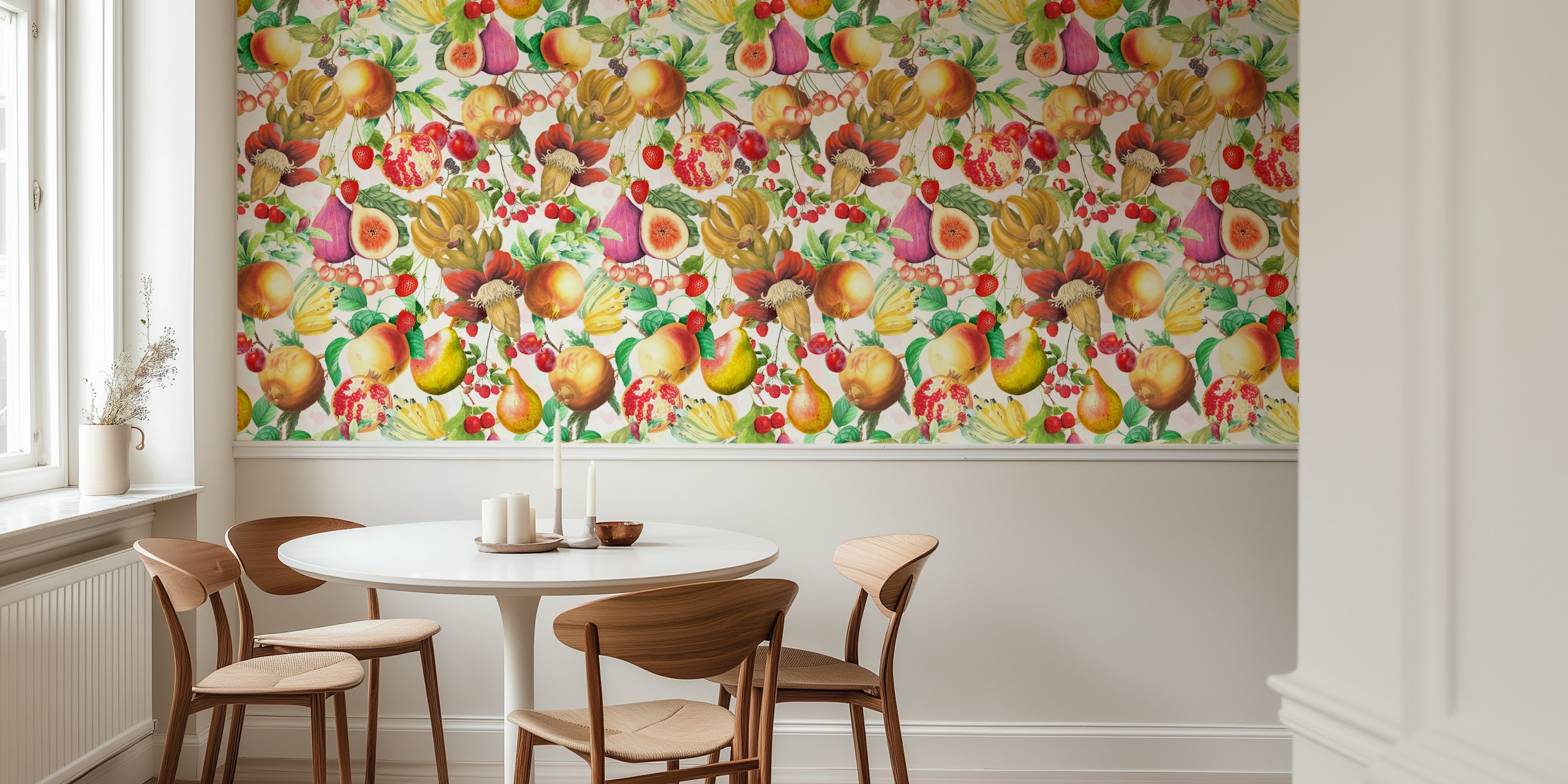 Colorful vintage fruits including apples, figs, and pomegranates wallpaper