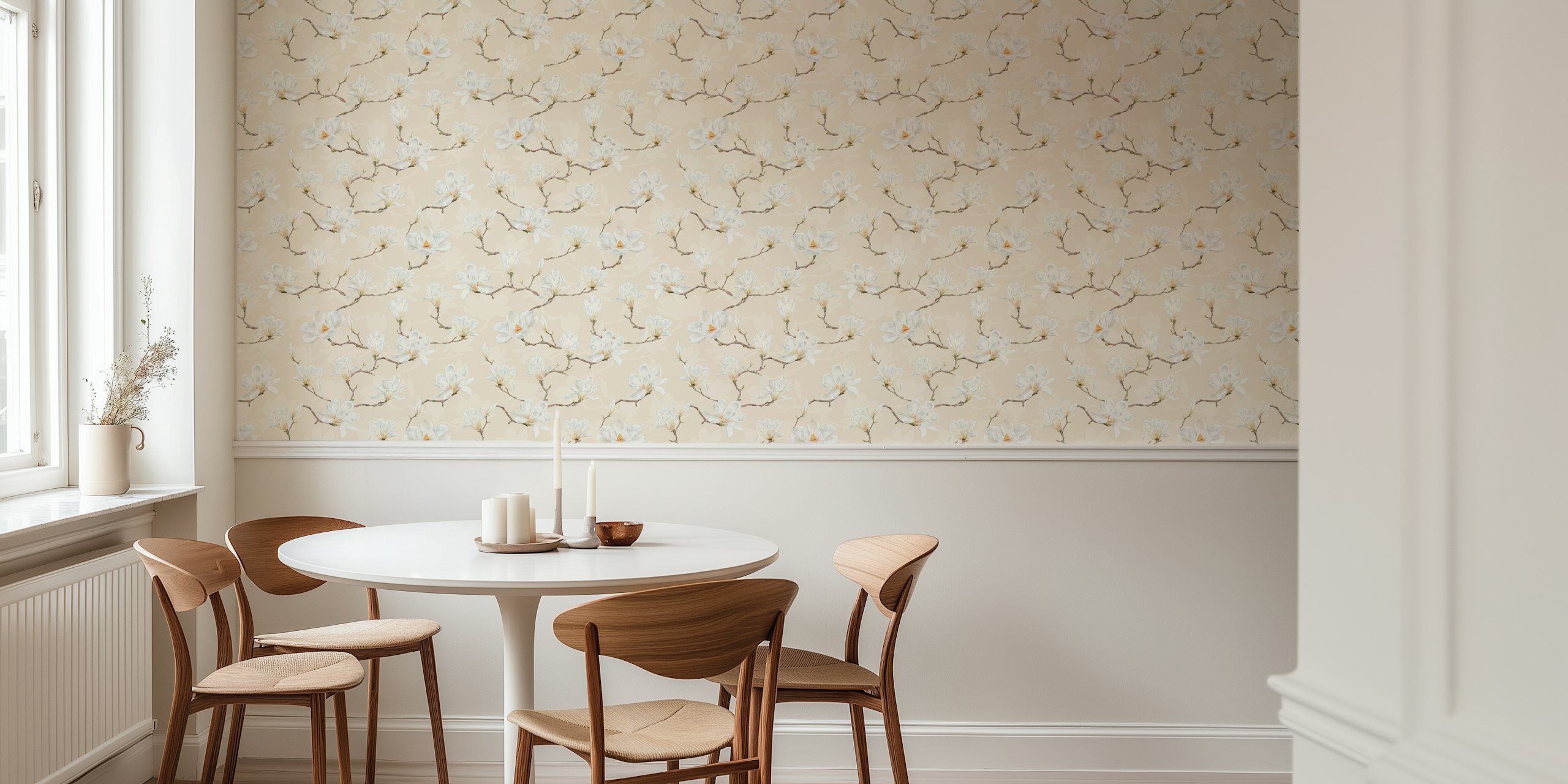 White magnolia flowers with branches on a beige background wallpaper