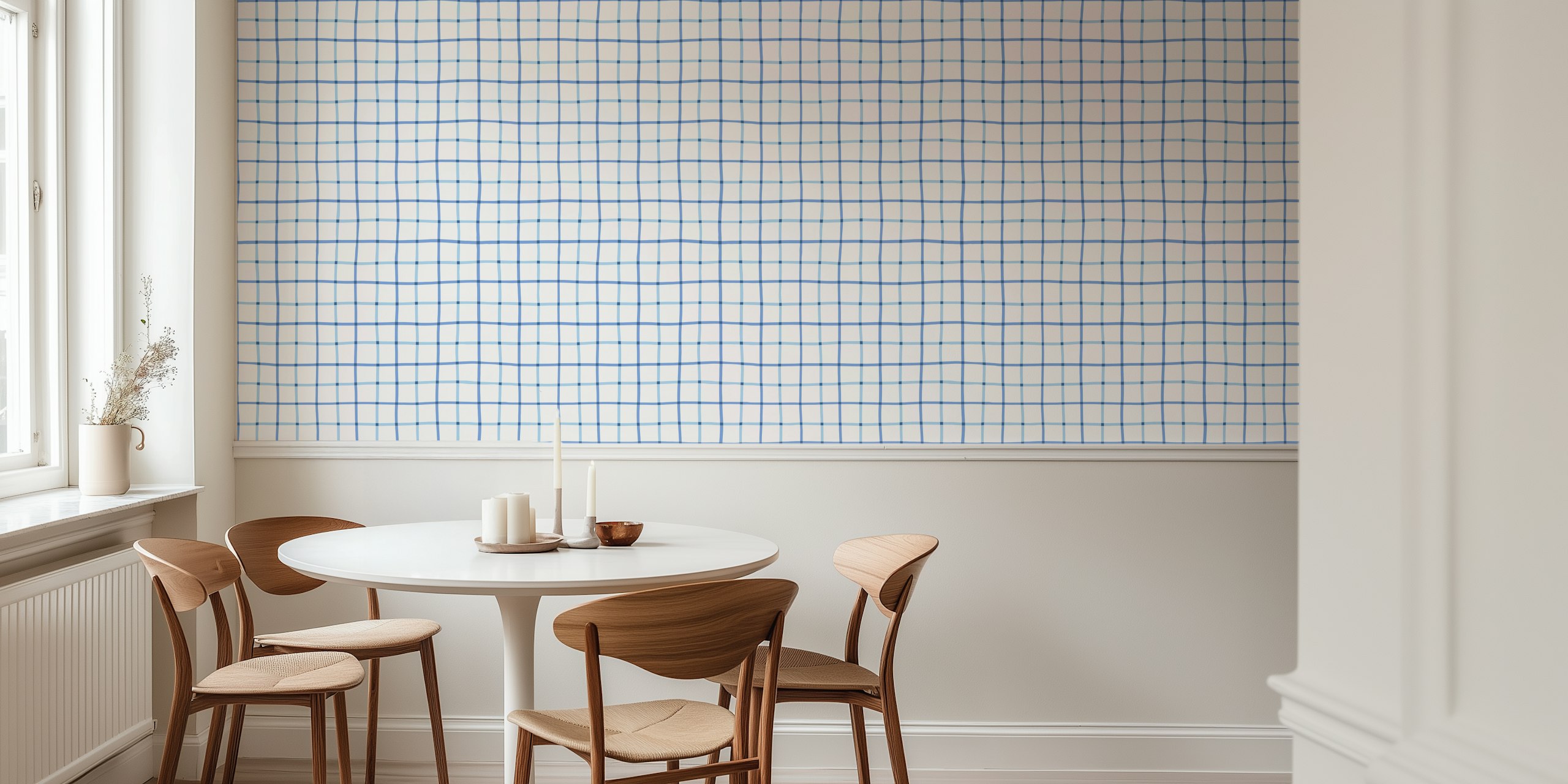 Hand drawn grid in shades of blue in een kamer