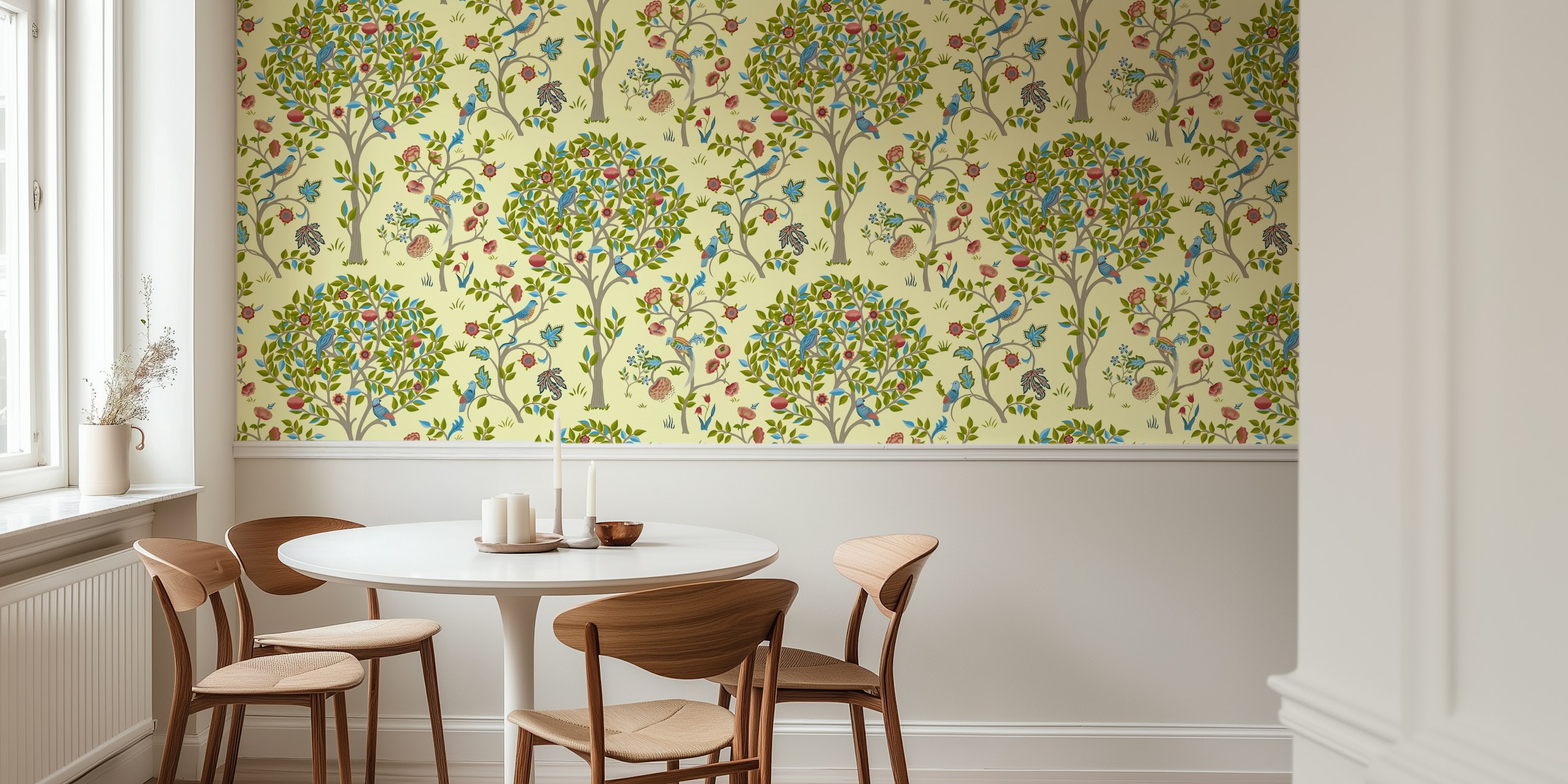 Floral tree pattern with colorful birds and leaves on cream background wallpaper.