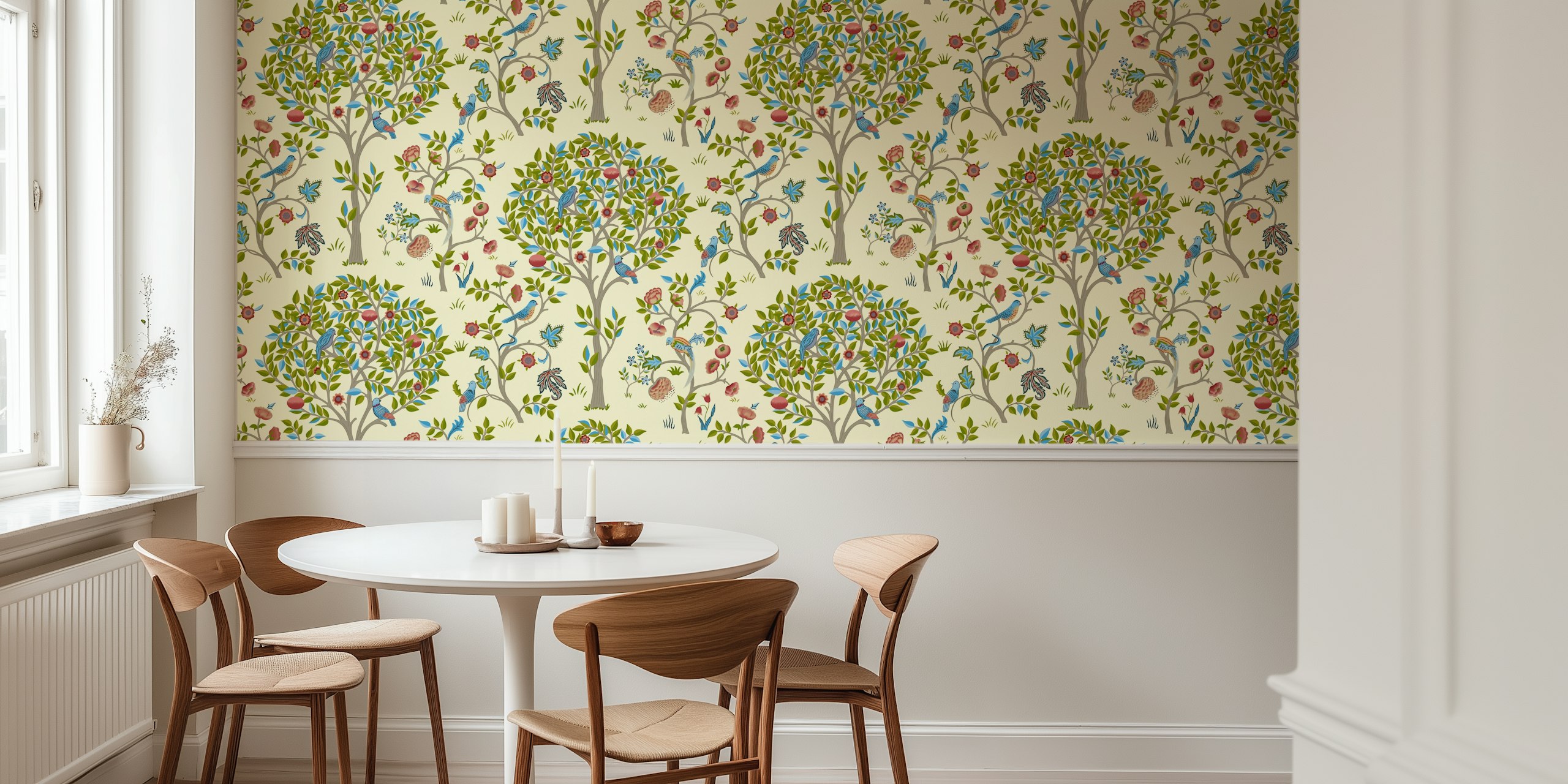 Pastel floral tree pattern with colorful birds and flowers wallpaper