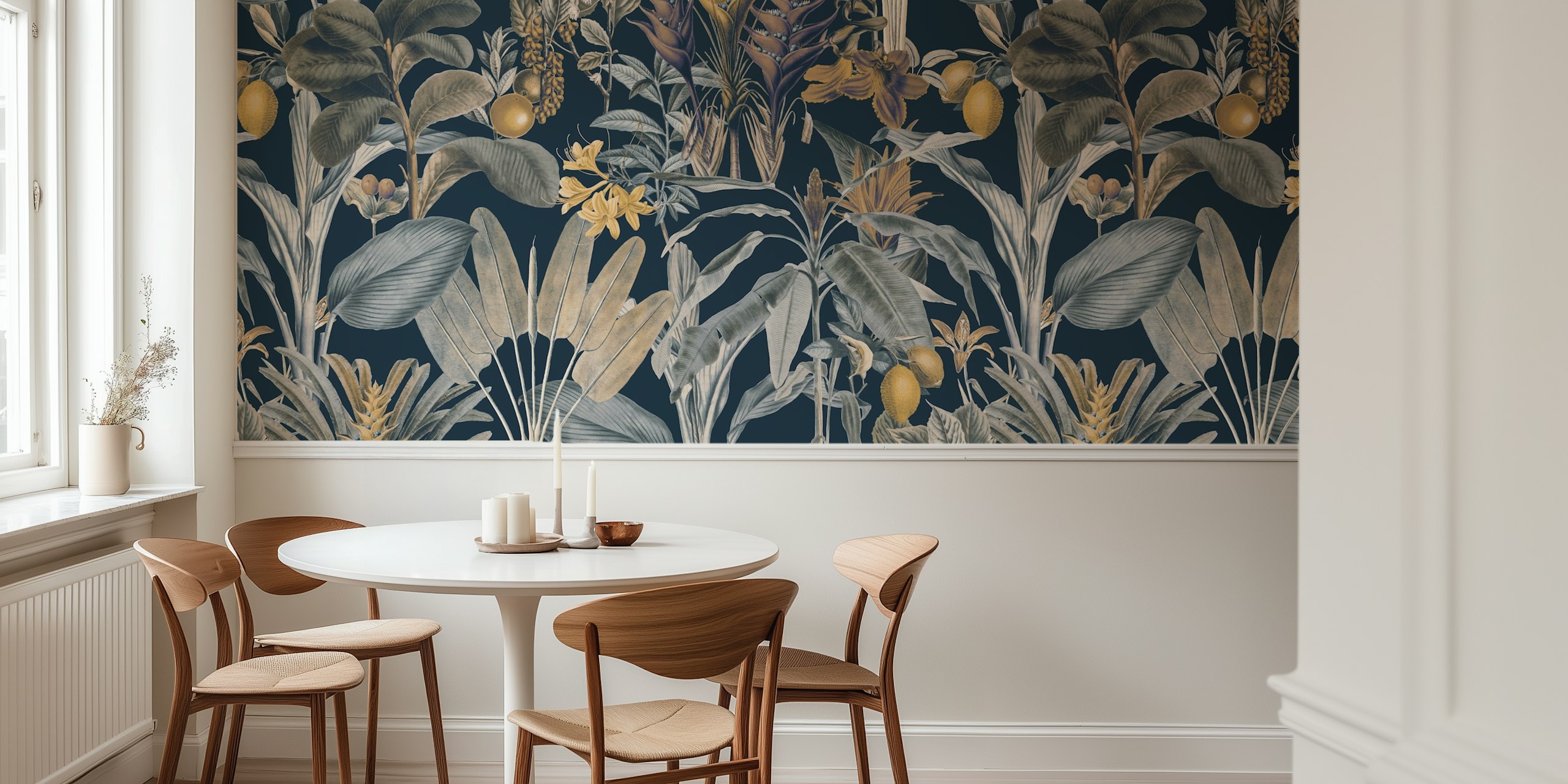 Moody Teal Blue Jungle wallpaper in a room
