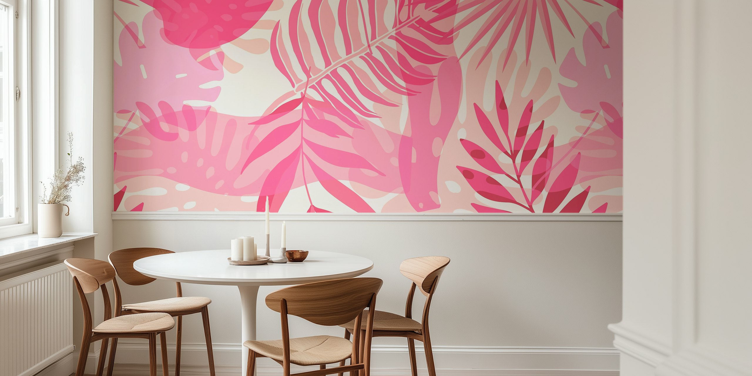 Pink Palm Leaf Exotic Vibe behang in een kamer