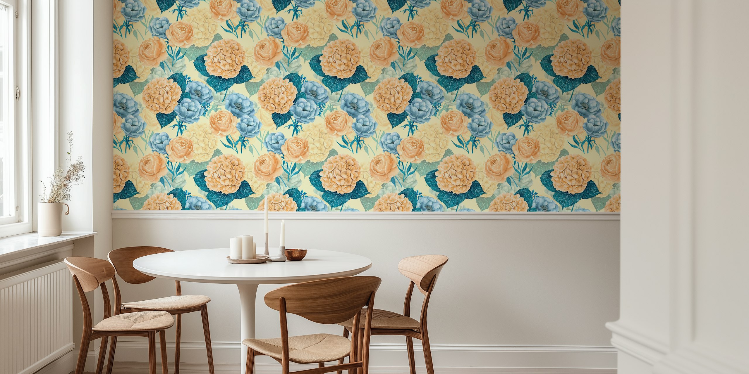 Illustrative watercolor spring garden with pastel roses and hydrangeas wall mural