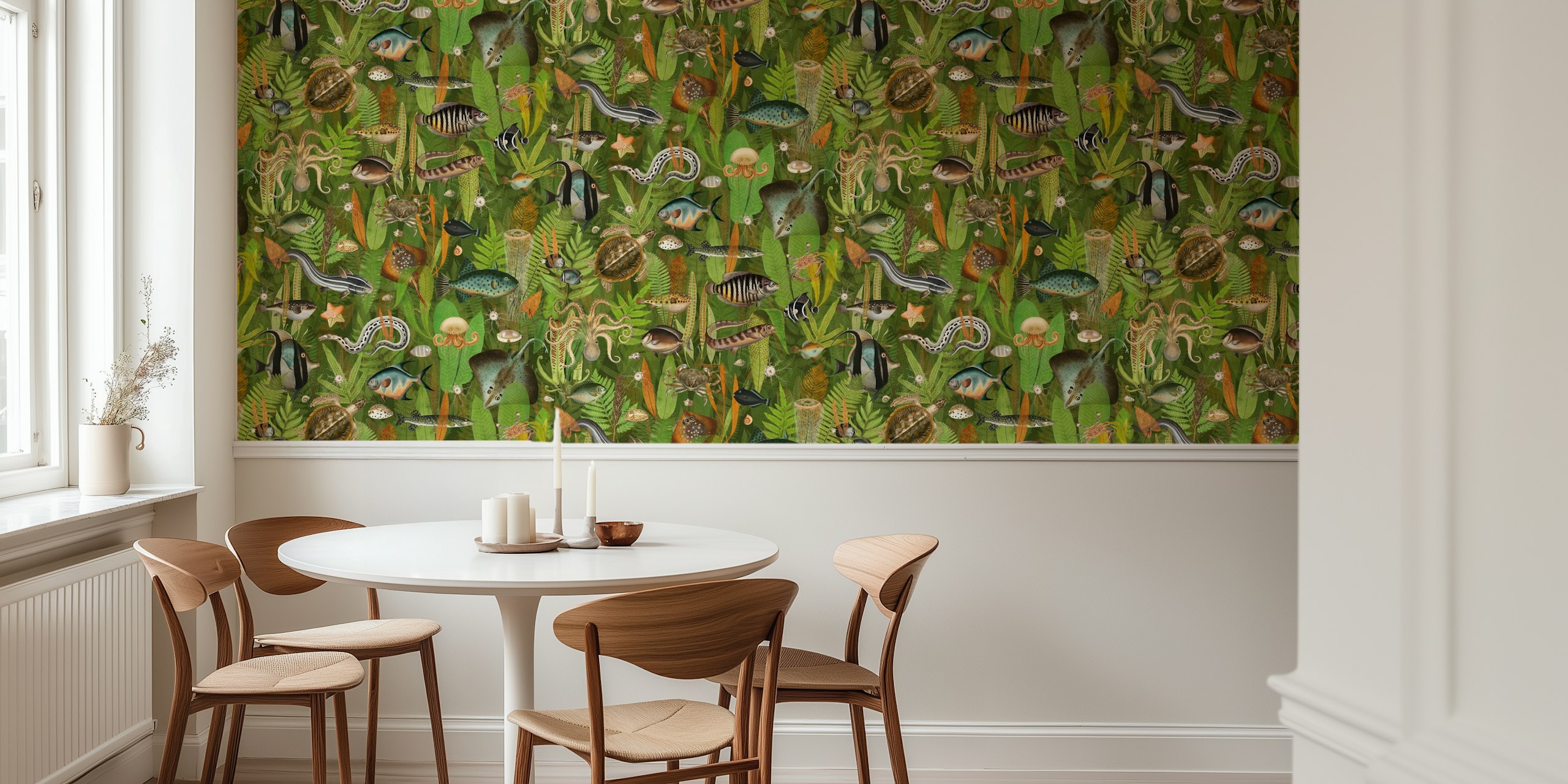 Olive green and orange aquatic plant pattern wall mural