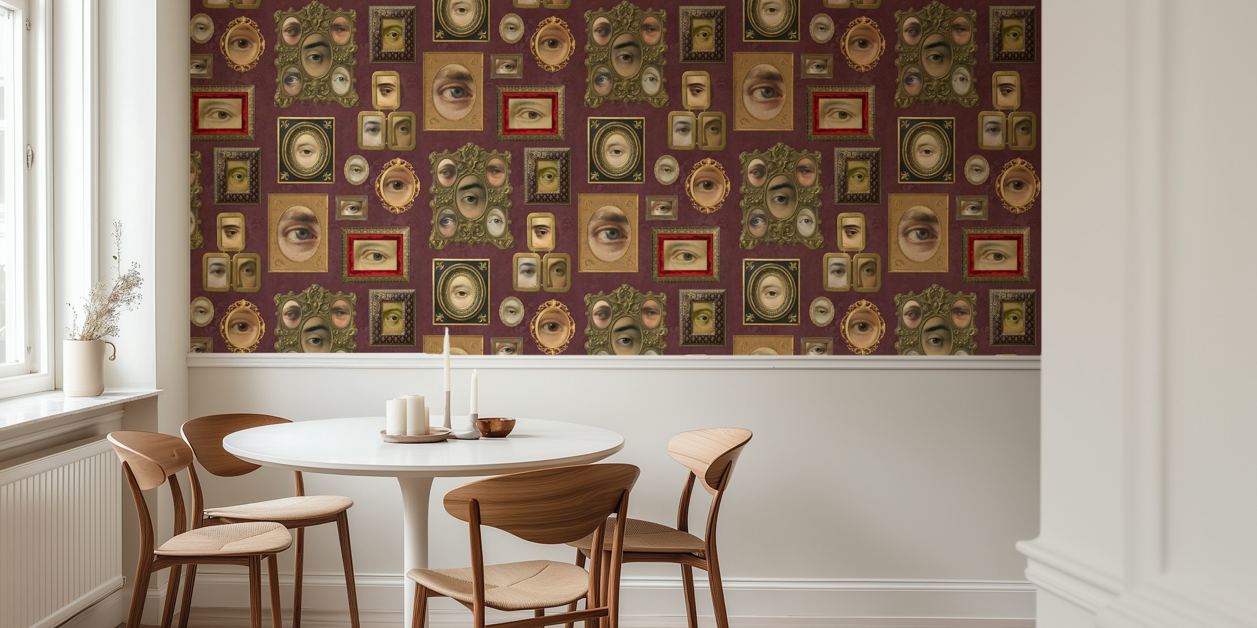 Single Eyes Victorian Portraits wall mural in burgundy with Victorian-style framed eyes