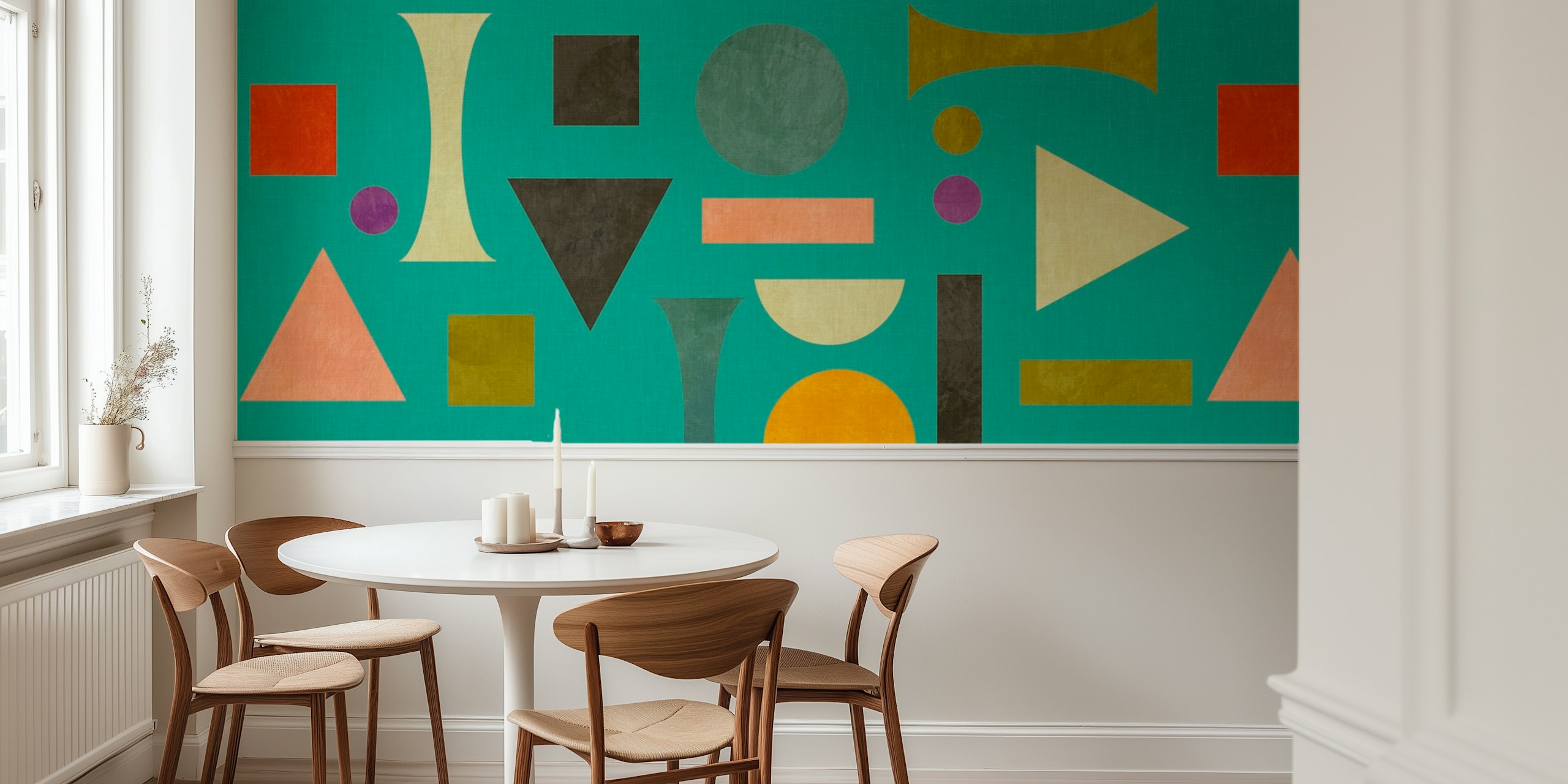 Colorful geometric shapes on turquoise background wallpaper