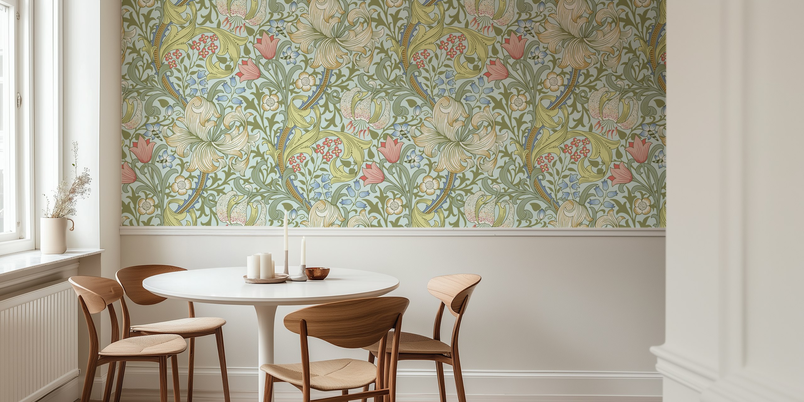 Victorian floral design with gold and pastel hues wallpaper