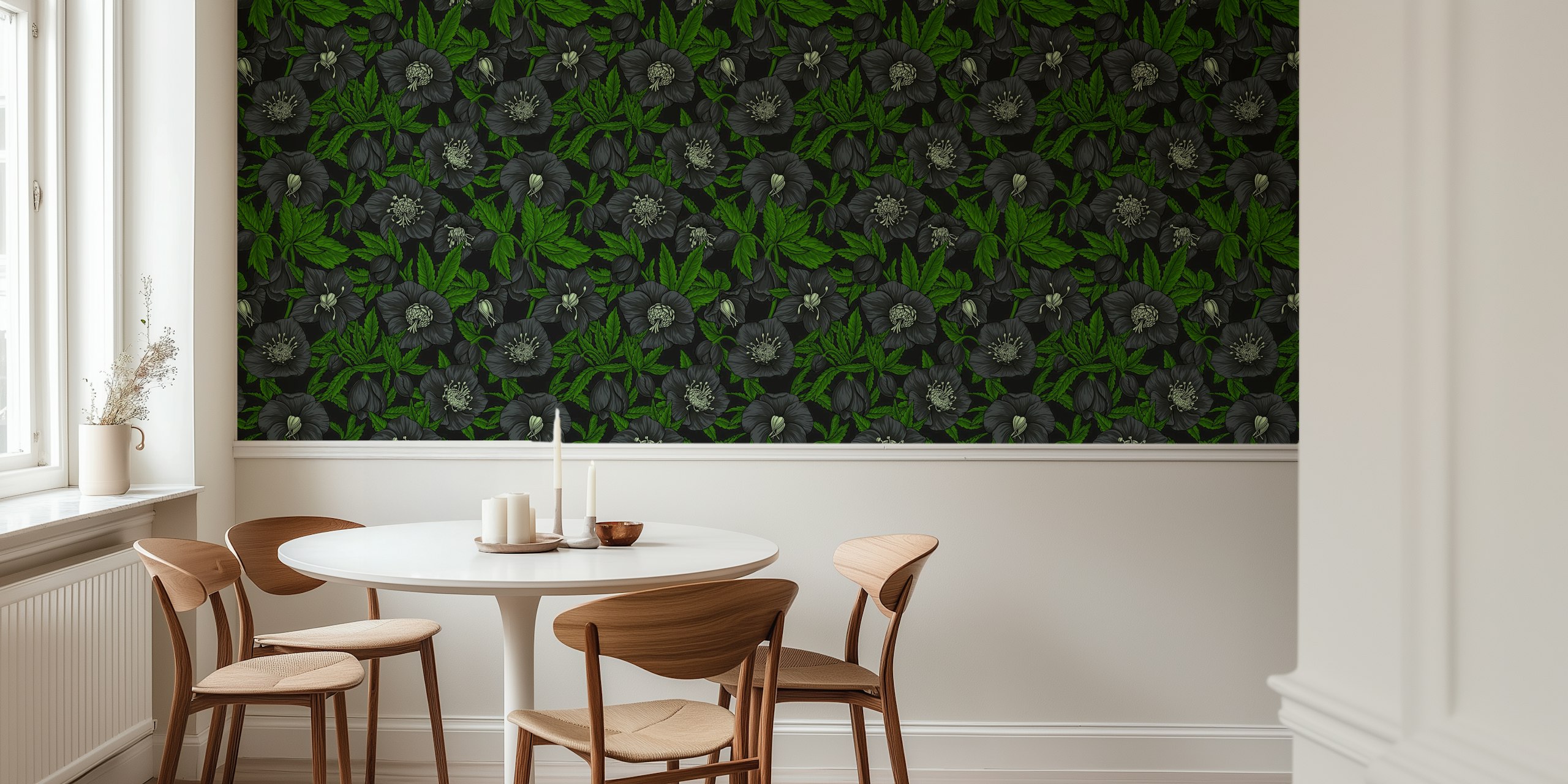 Black floral wallpaper with hellebores and green leaves in intricate design