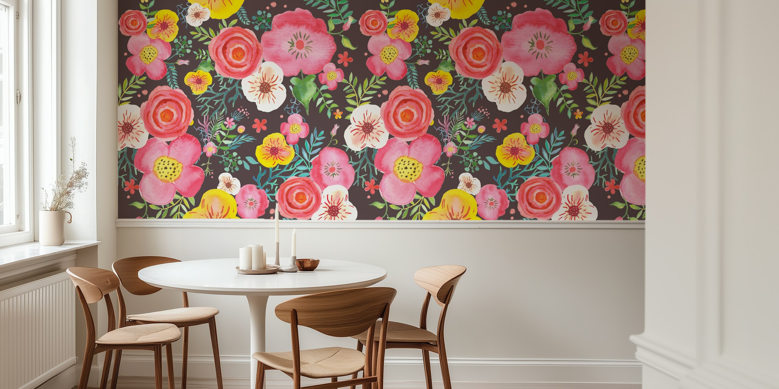 Colorful garden flowers in pink, yellow, and white on dark background wallpaper