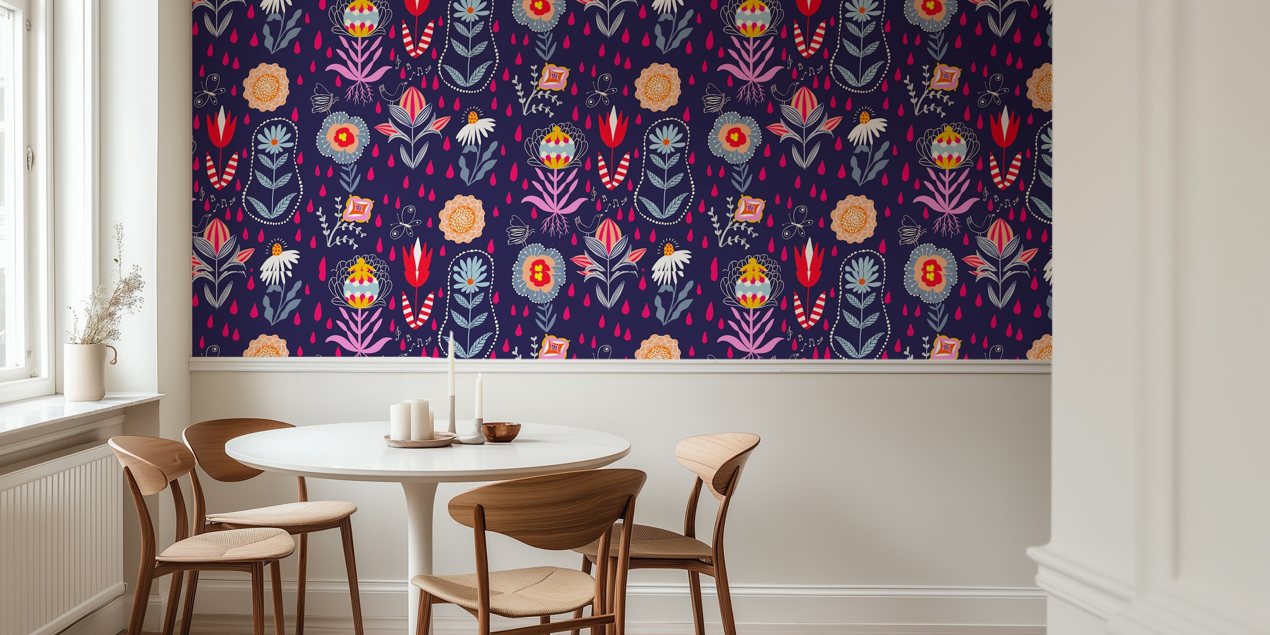 Folk floral wallpaper design in a room