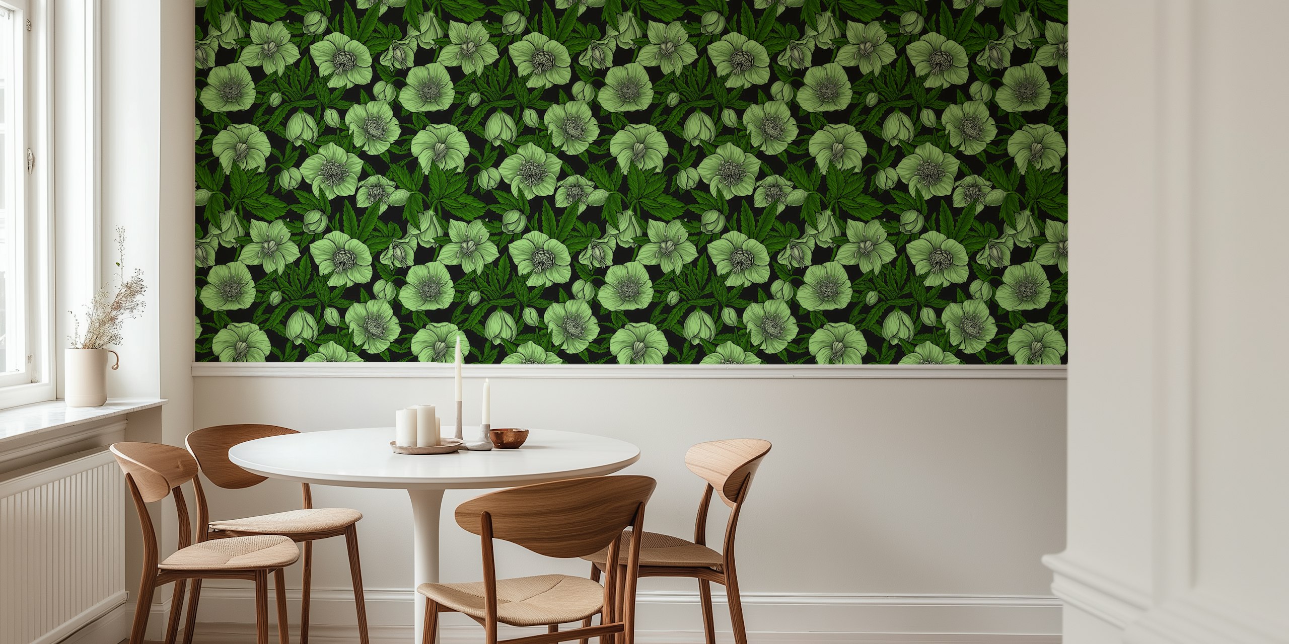 Green floral pattern with white hellebores and leaves wallpaper