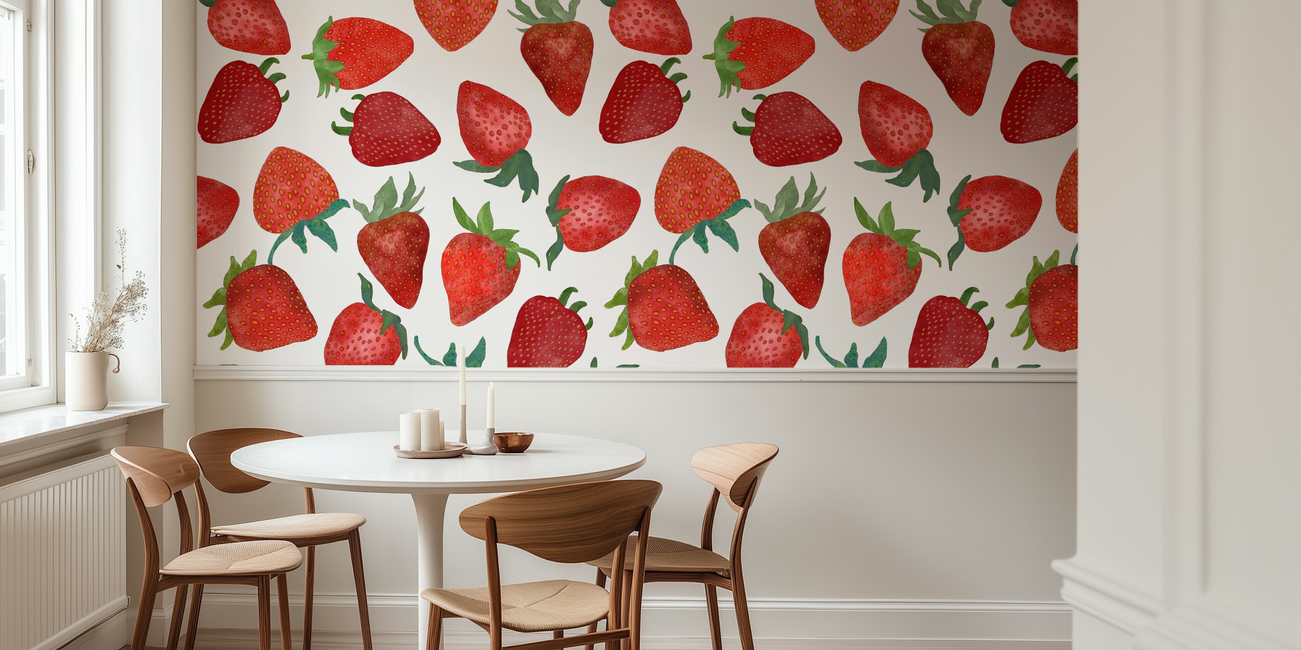 Watercolor strawberries in red with green leaves wallpaper