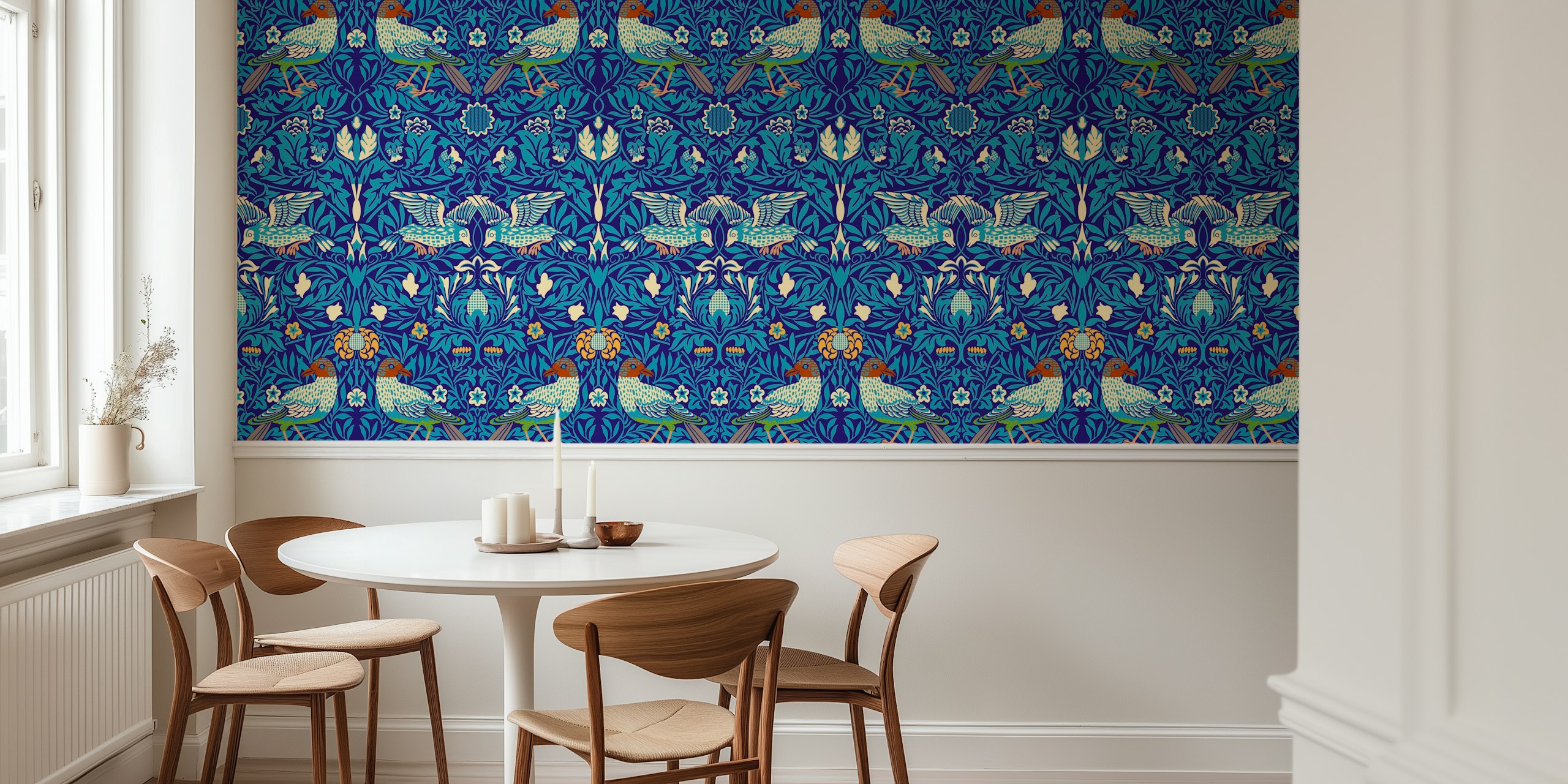 Victorian birds in blue with floral designs wallpaper