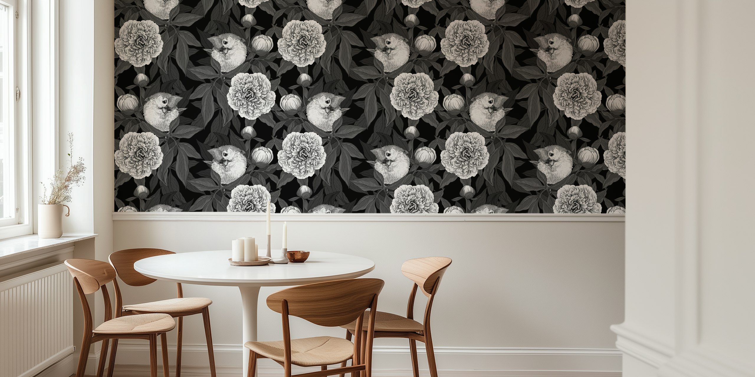 Monochrome wallpaper with Birds and peony flowers