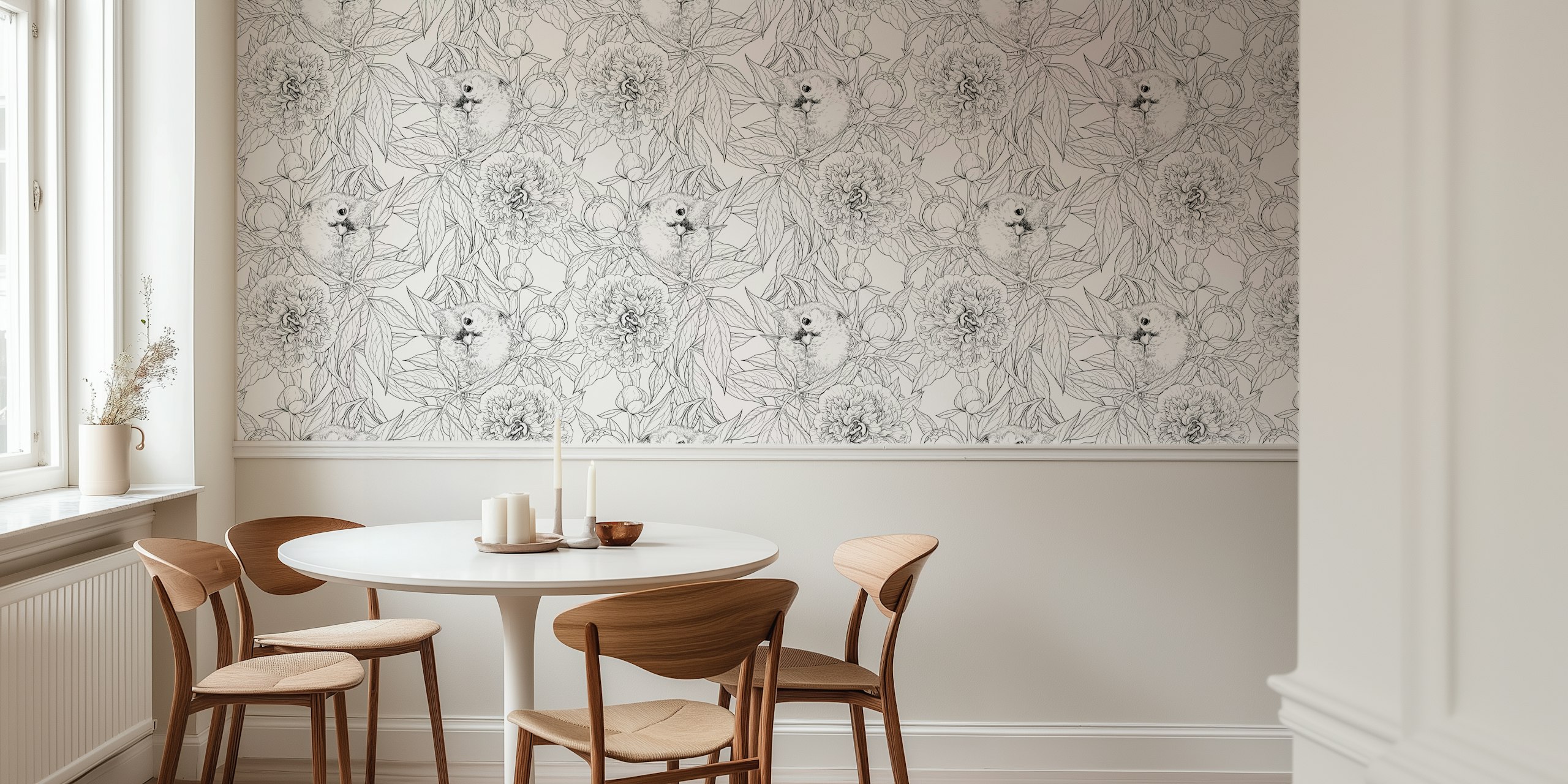 Birds and peony flowers in black and white wallpaper