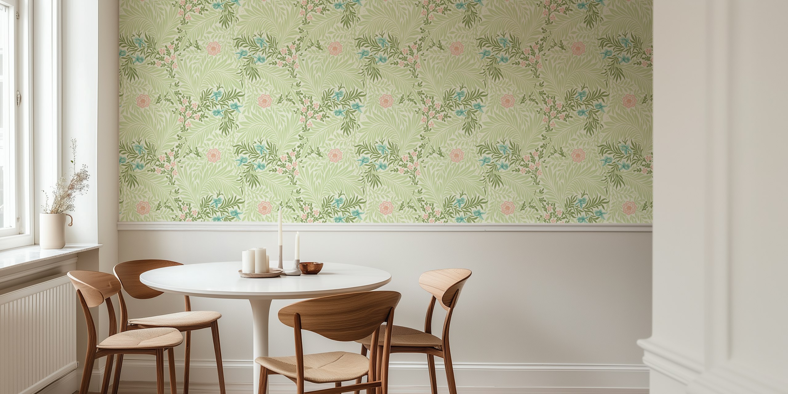 Victorian Larkspur pattern wall mural with soft pastels and botanical motifs