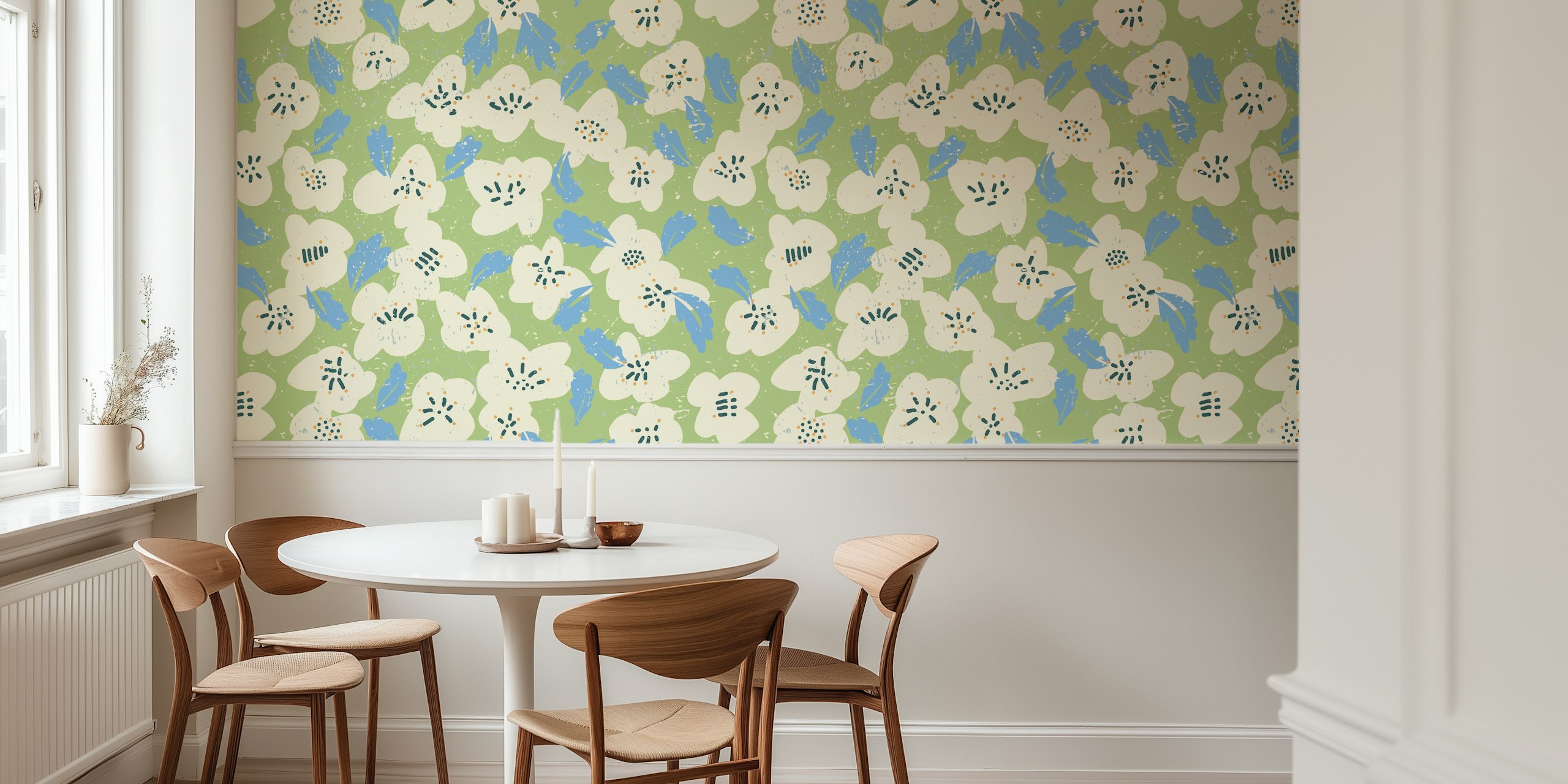 Bold flowers wallpaper on green background