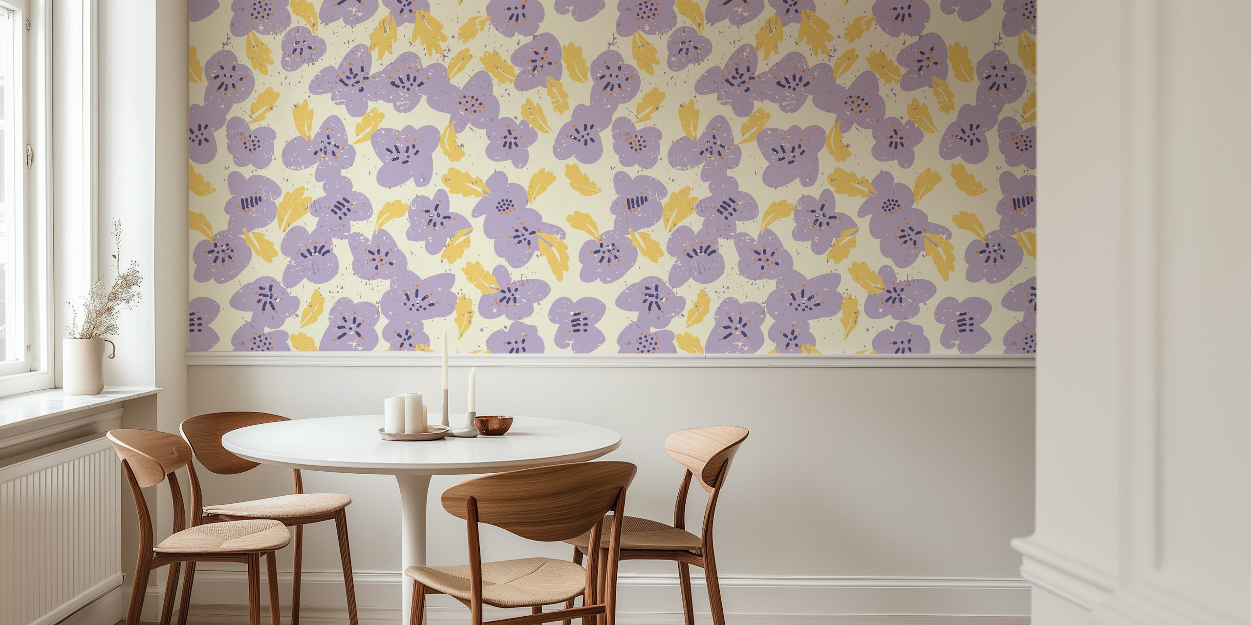 Lavender floral design with yellow leaves on cream background wallpaper