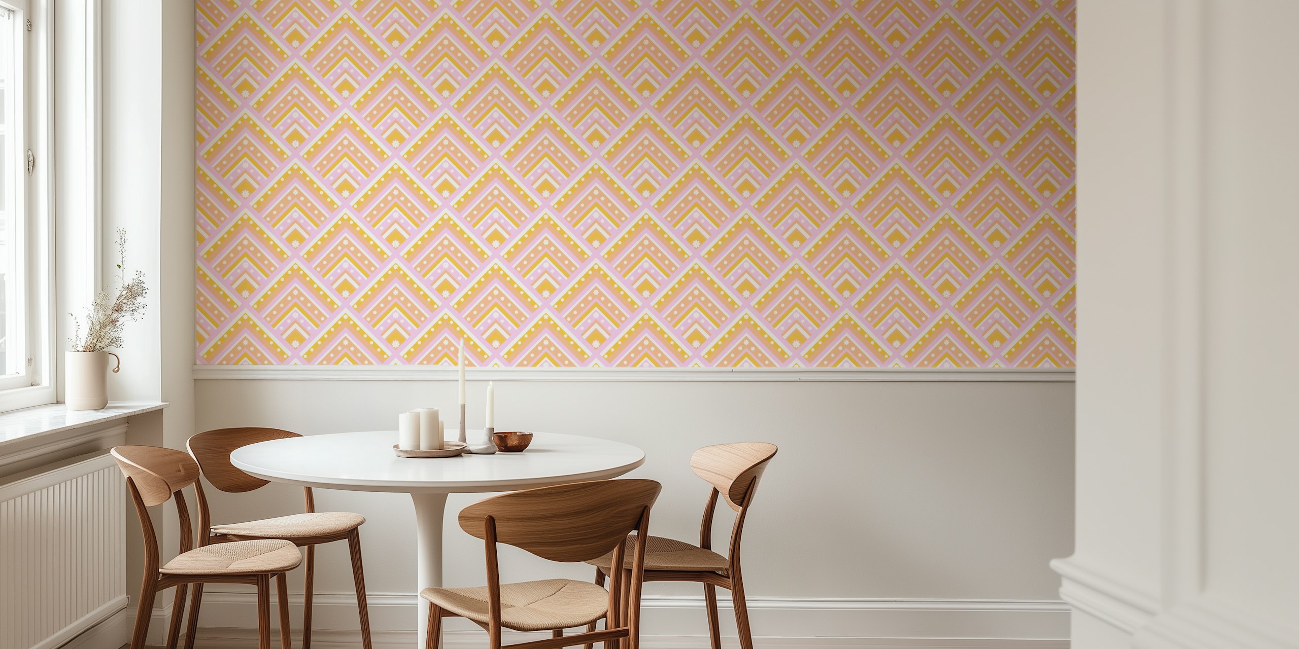 Geometric pink and peach fuzz wallpaper in a room