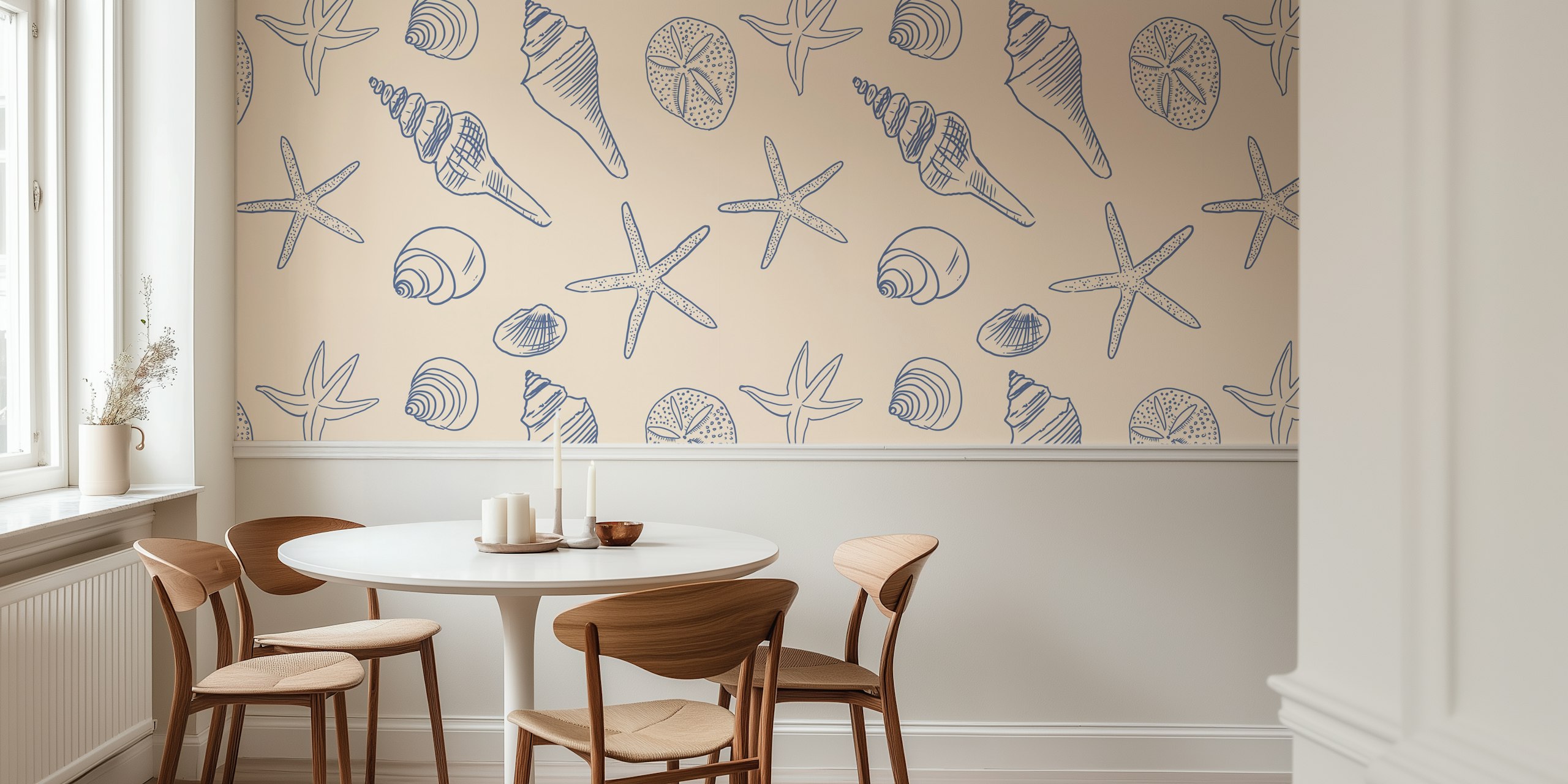 Seahorse and shell patterns in blue on ivories wallpaper