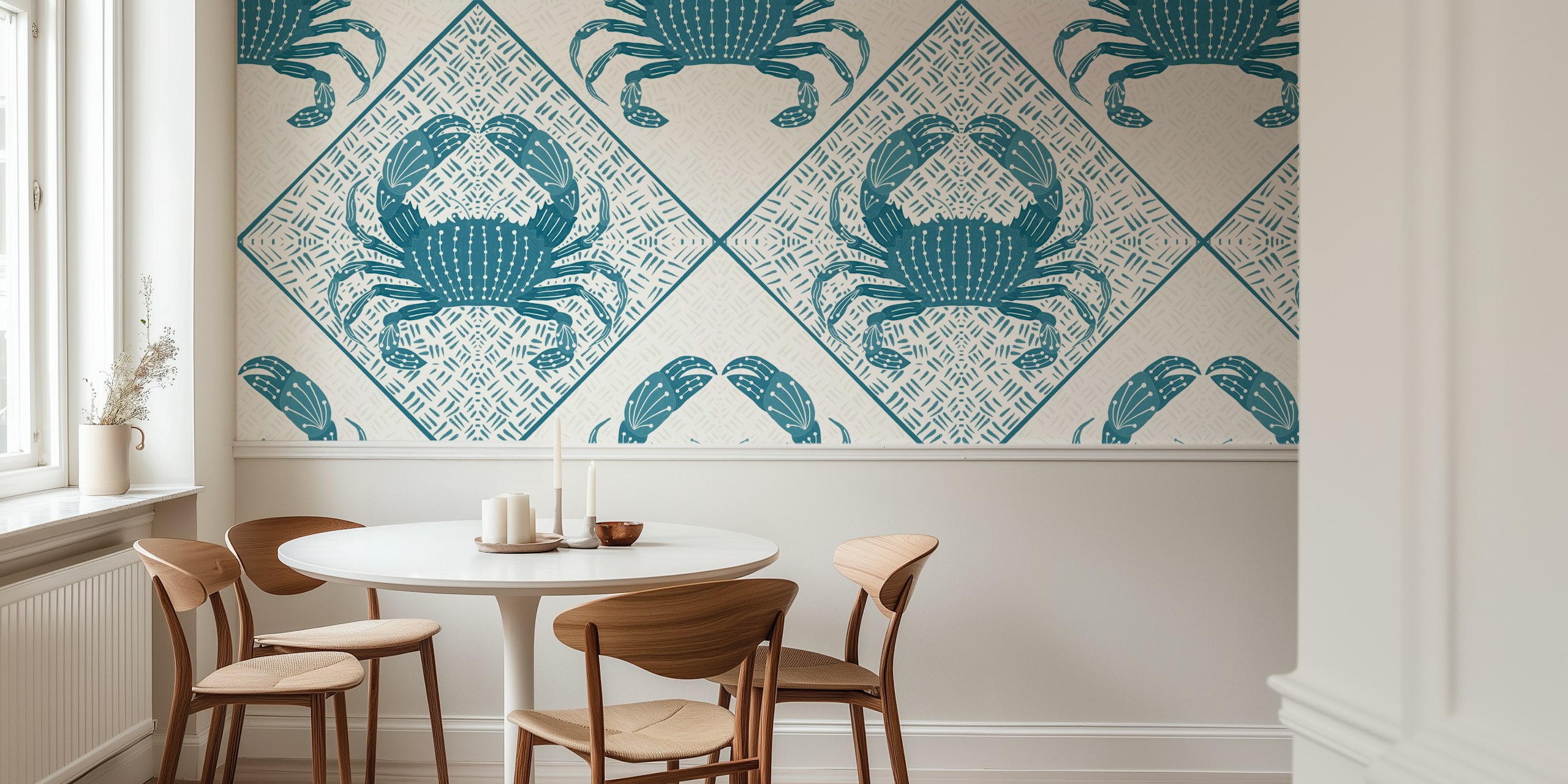 Blue Crab Cove wall mural featuring symmetrical crab motifs in blue and white.