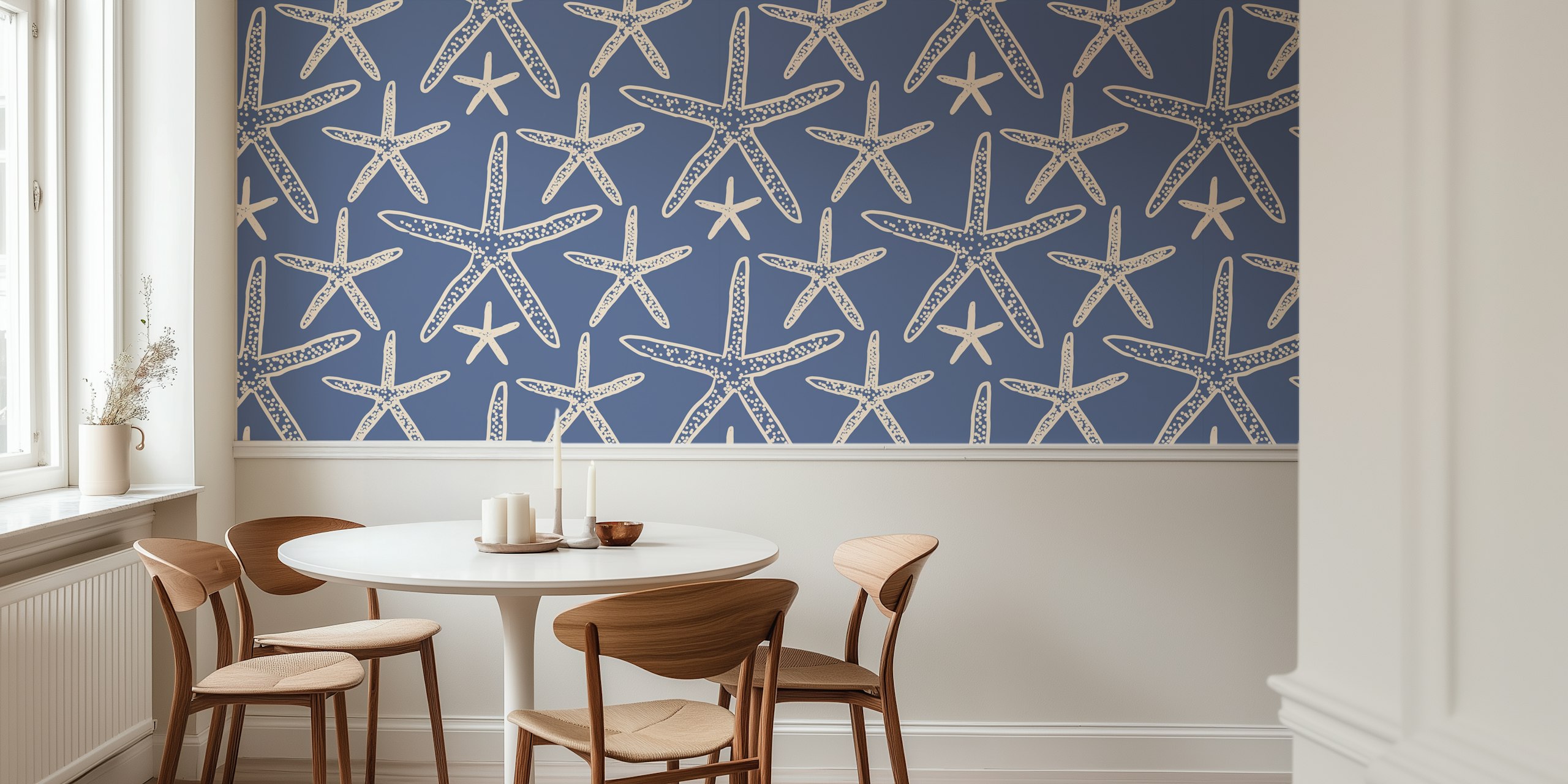 Blue starfish pattern against a navy background wallpaper