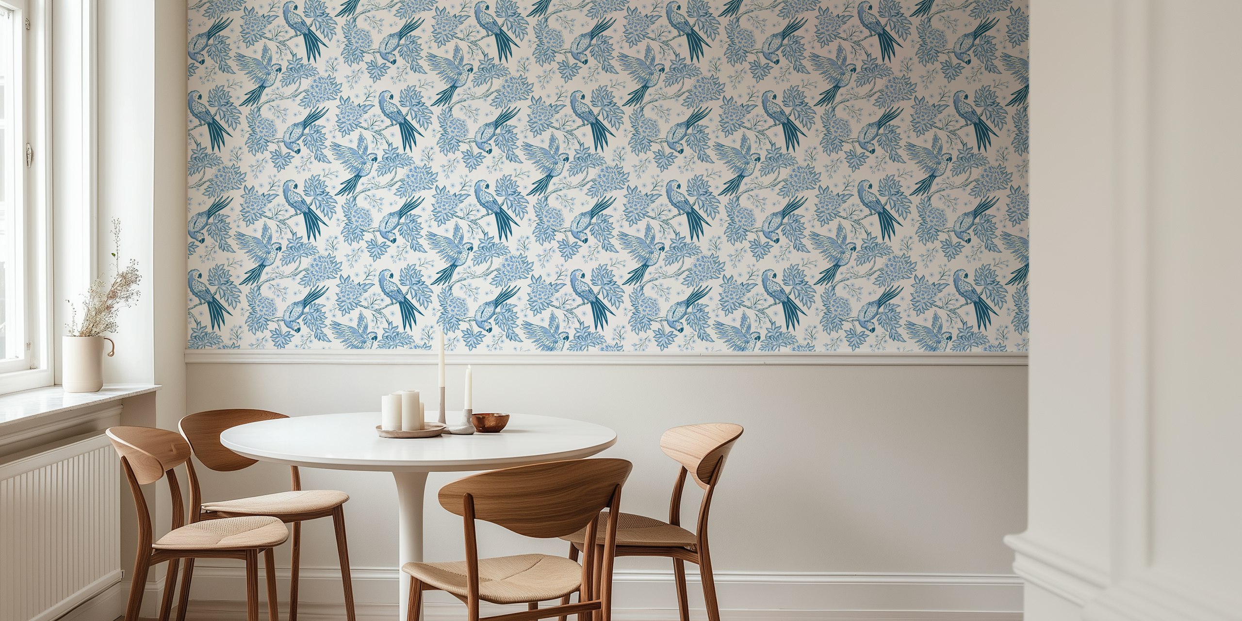 Blue parrot and flower patterns on white background wallpaper
