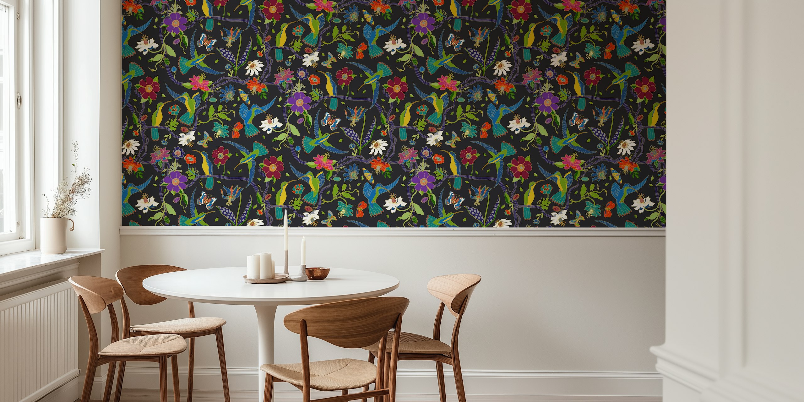 Colorful hummingbirds and passion flowers on black background wallpaper