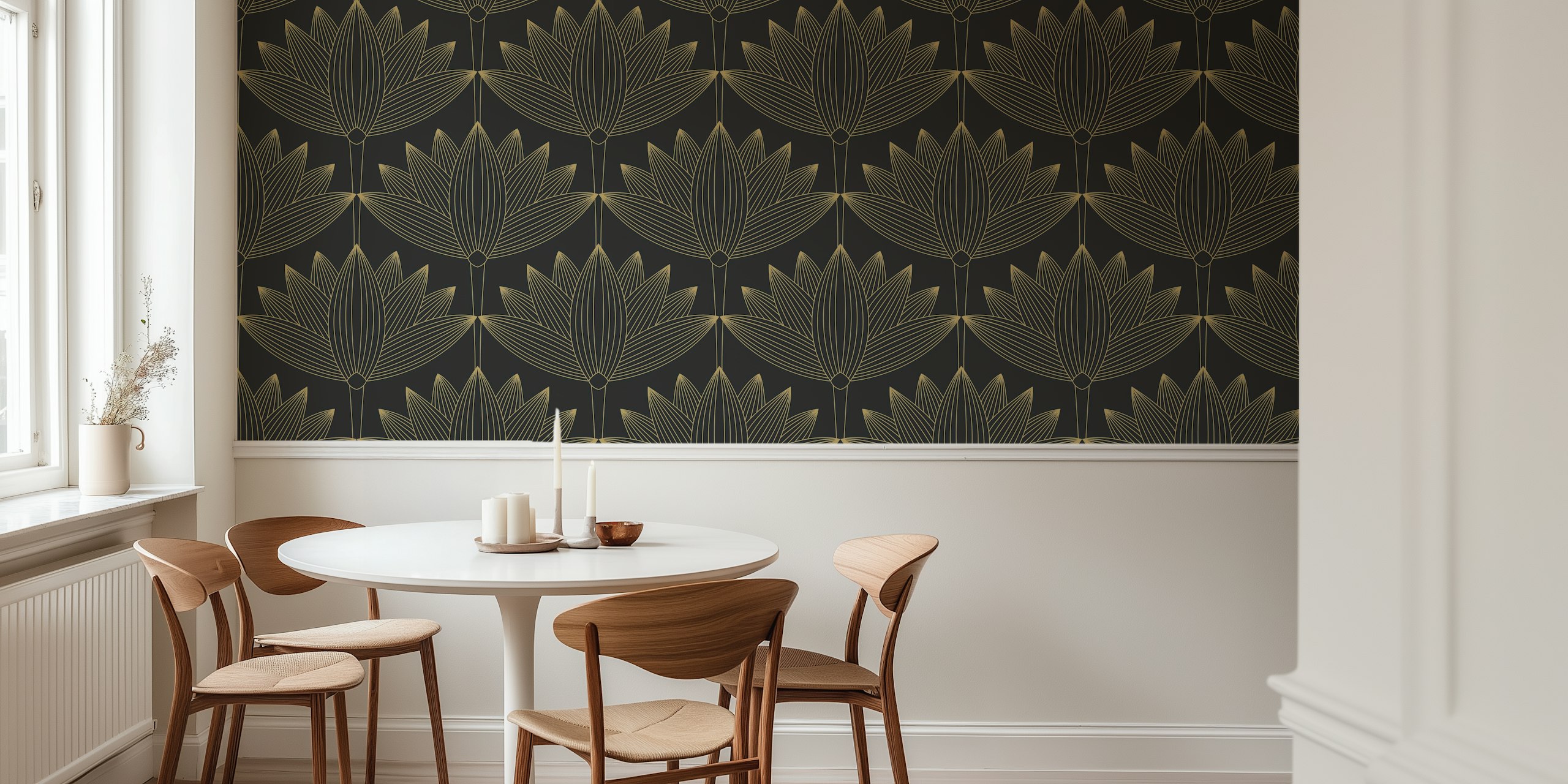 Lotus Art Deco black and gold wallpaper in a room