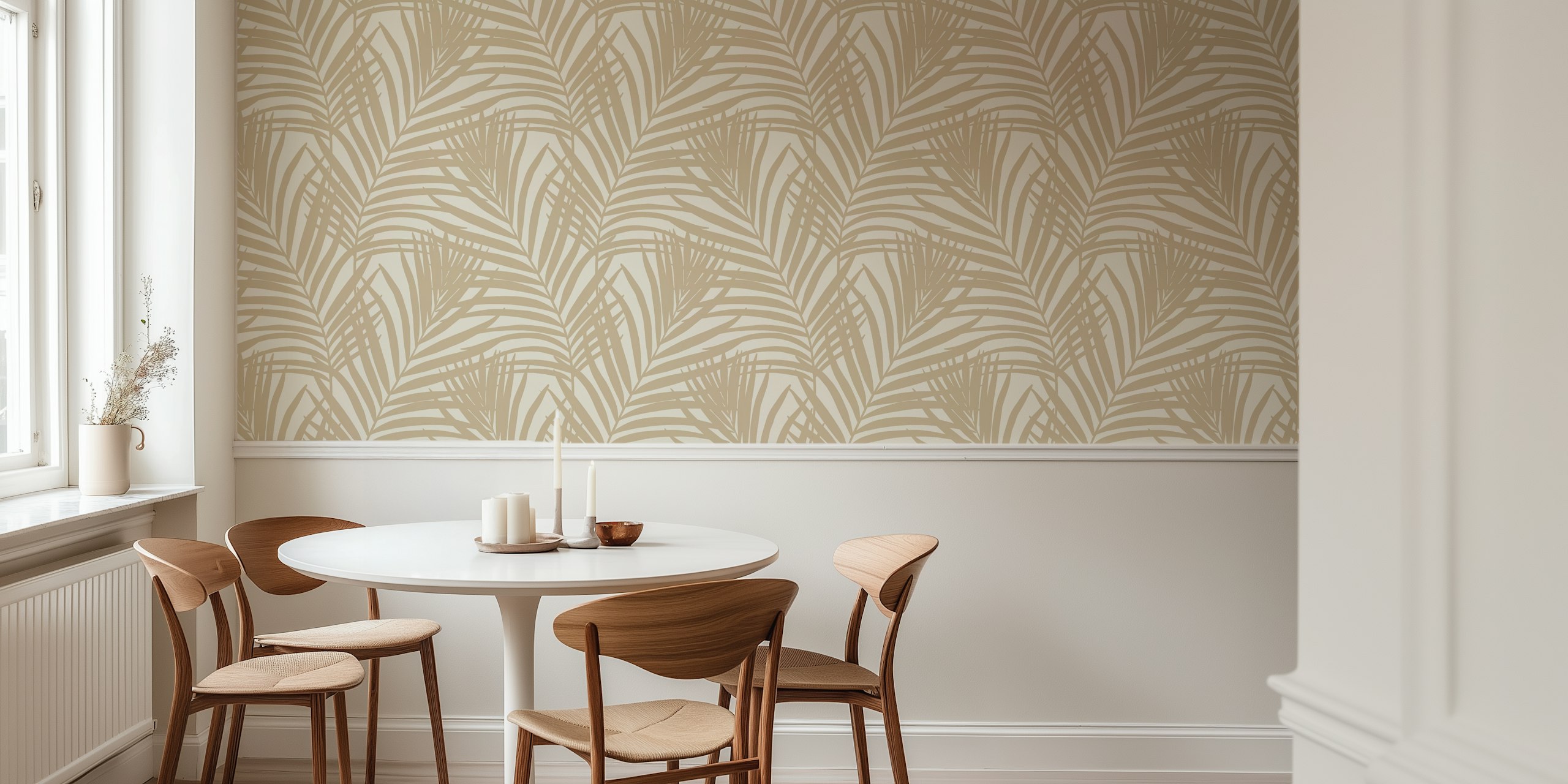 Coastal palm leaves wallpaper design in a room