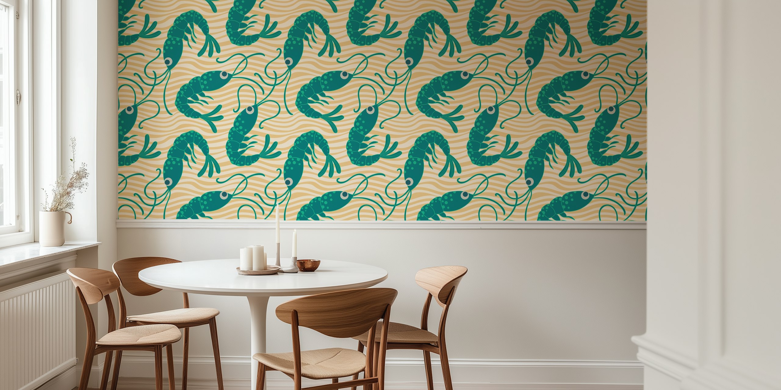 Green shrimps on textured beige background wallpaper