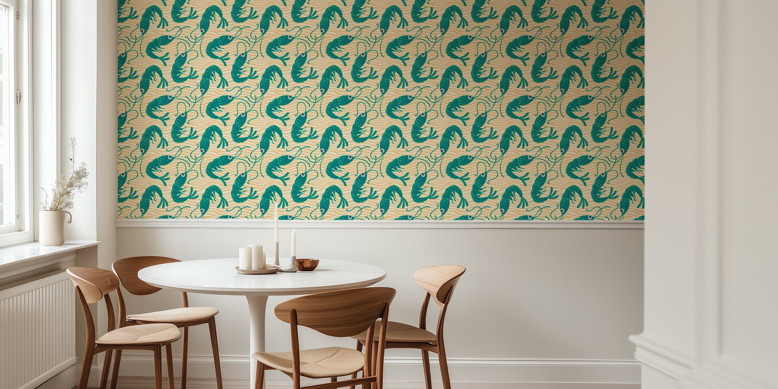 Coastal shrimp wallpaper design in a room