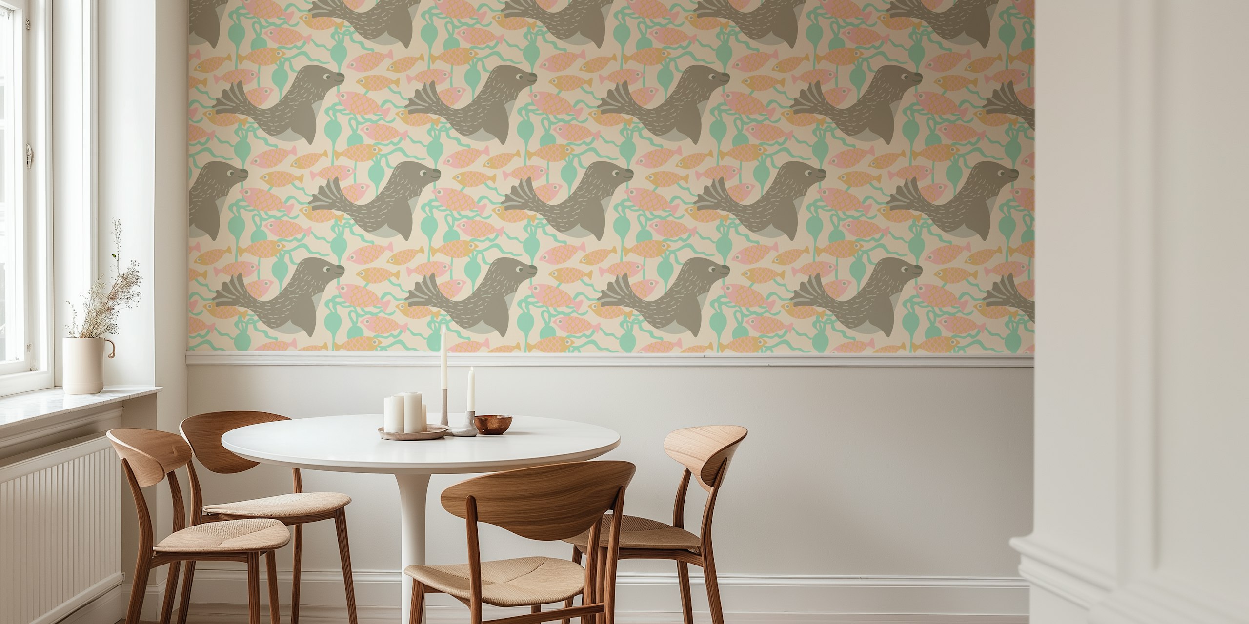 Cute seals and pastel fish with seaweed on beige background wallpaper
